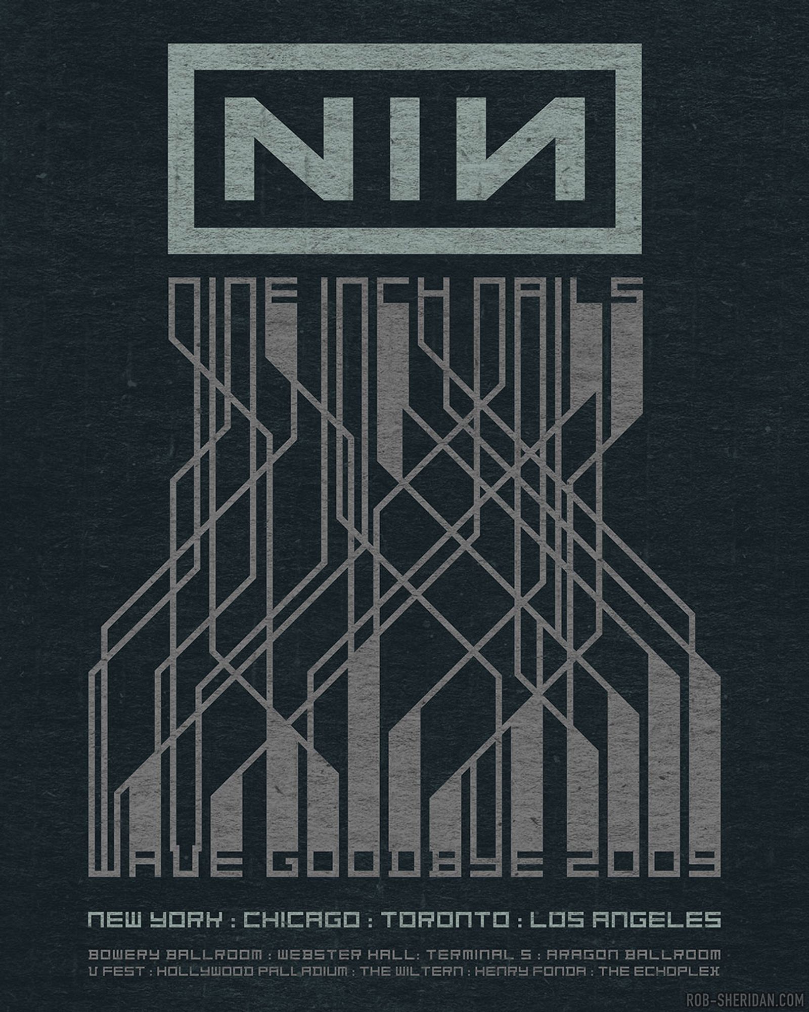 Nine Inch Nails Wave Goodbye 2009 tour poster design by me. New York : Chicago : Toronto : Los Angeles.