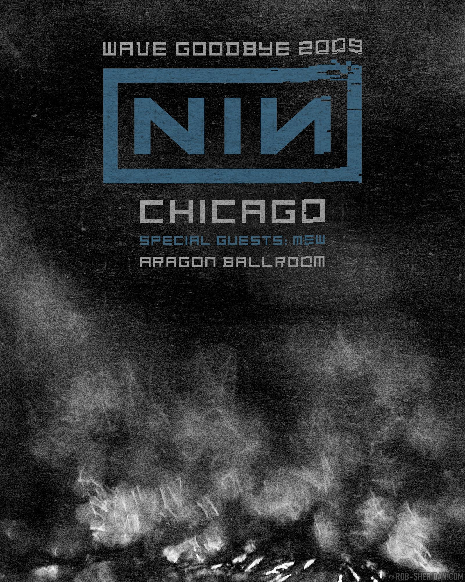 Tour poster for Nine Inch Nails Wave Goodbye 2009 at the Aragon Ballroom in Chicago, designed by Rob Sheridan.