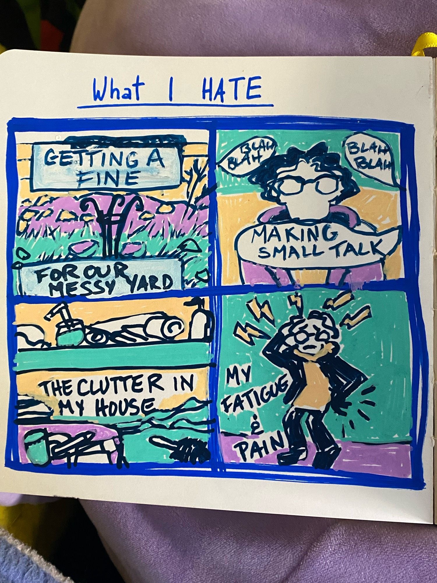 Four panel comic titled "What I HATE" - "getting a fine for our messy yard" with a drawing of a yard strewn with debris; "making small talk" with a drawing of the artist and word bubbles that say "blah blah"; "the clutter in my house" with a drawing of a messy room; and "my fatigue & pain" with a full body doodle of the artist clutching their head and back with radiating pain lines