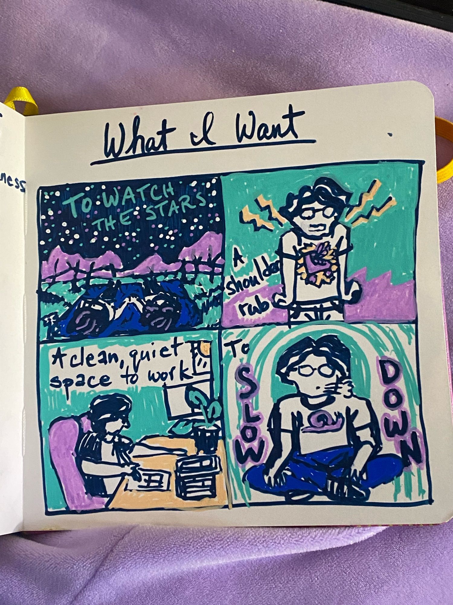 Four panel comic titled "What I Want" - "to watch the stars" top left illustration is a couple holding hands lying on a blanket looking up at the night sky; top right "a shoulder rub" with a doodle of the artist grimacing with pain lines and hunched shoulders; bottom left "A clean, quiet space to work" with drawing of the artist sitting in an armchair at a desk drawing, with a potted plant and a window showing the sun shining; bottom right "to SLOW DOWN" with the artist seated in a lotus position exhaling a puff of air, wearing a snail t-shirt