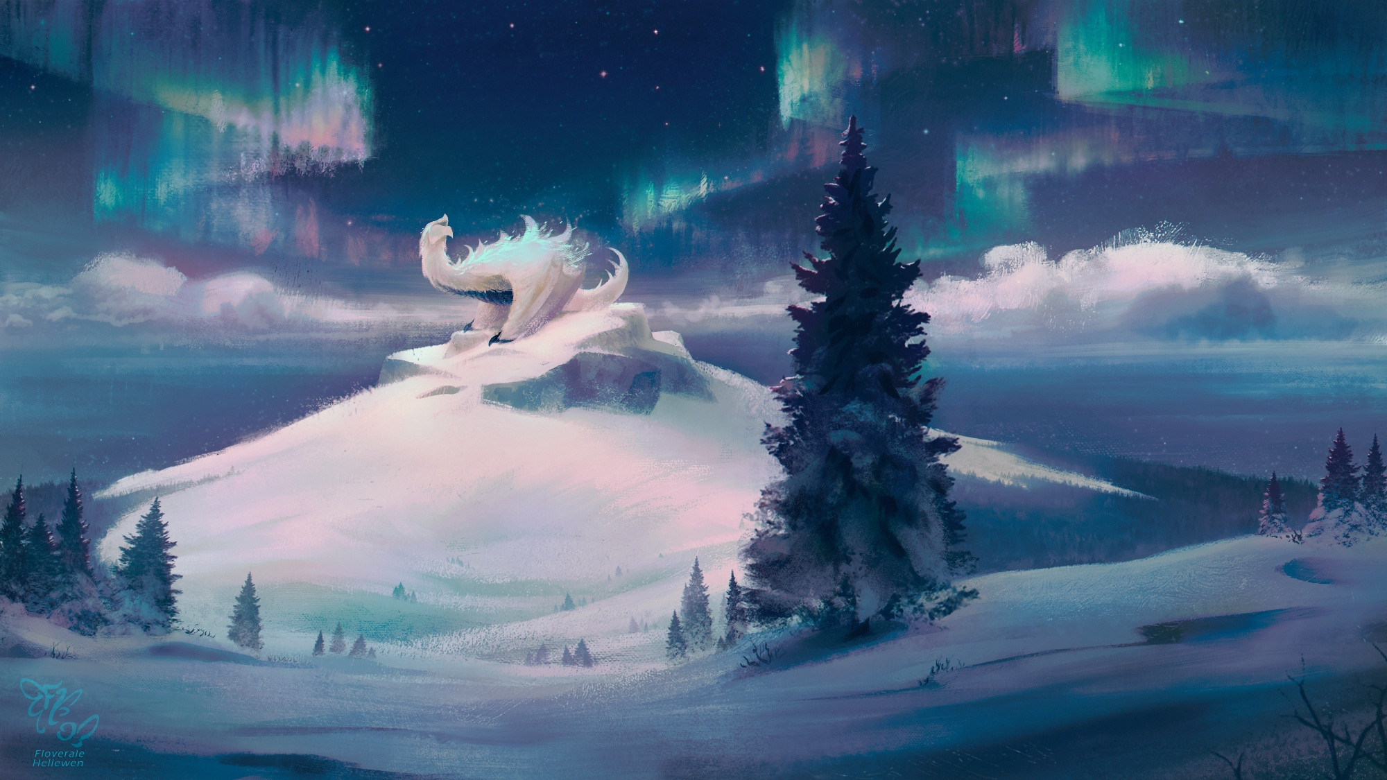 Digital painting of a fluffy white dragon who is sitting atop a snowy hill surrounded by pine forest, looking up into the night sky where there is aurora borealis