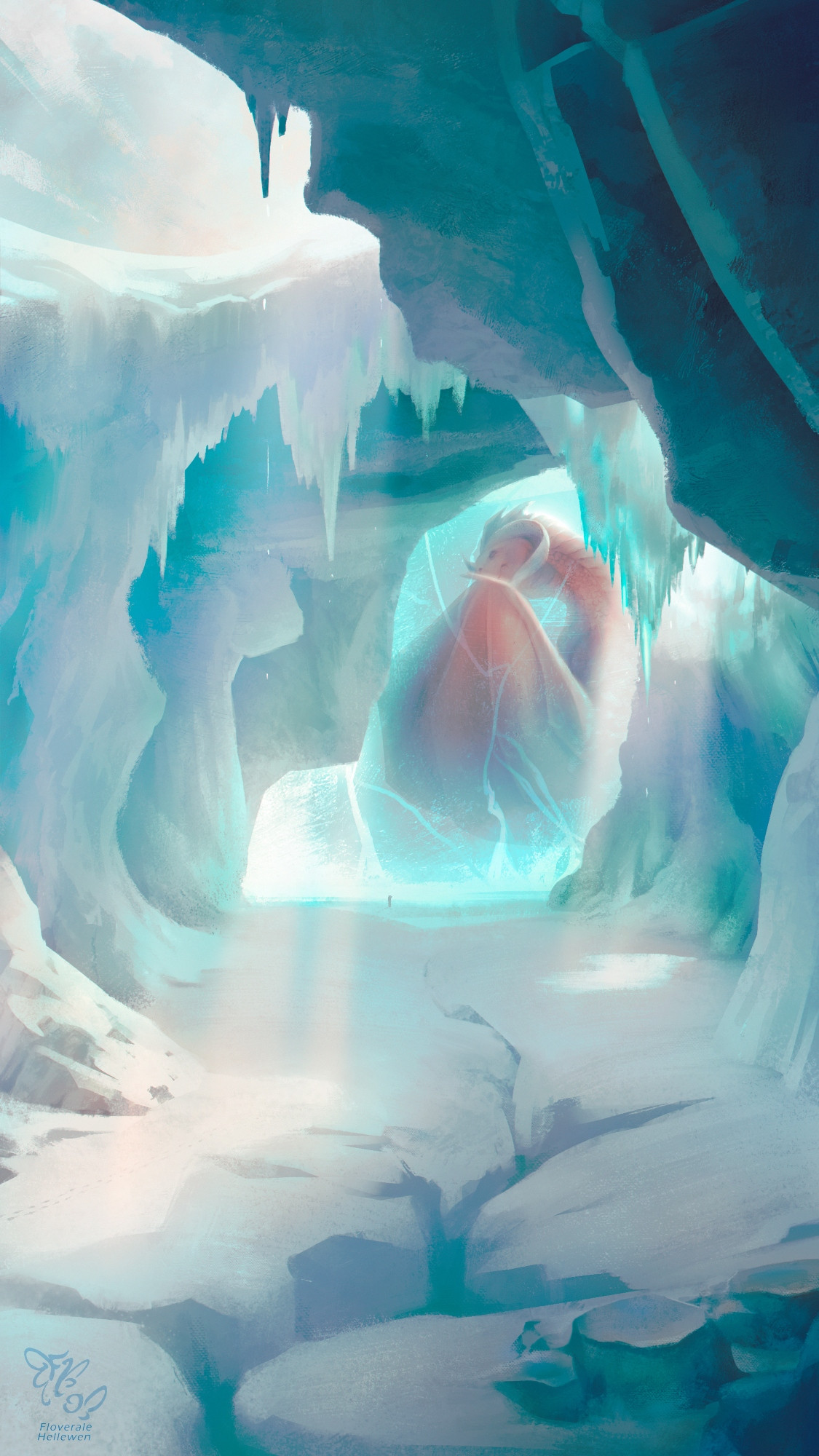 Digital painting of a giant red dragon frozen in ice amongst glaciers 