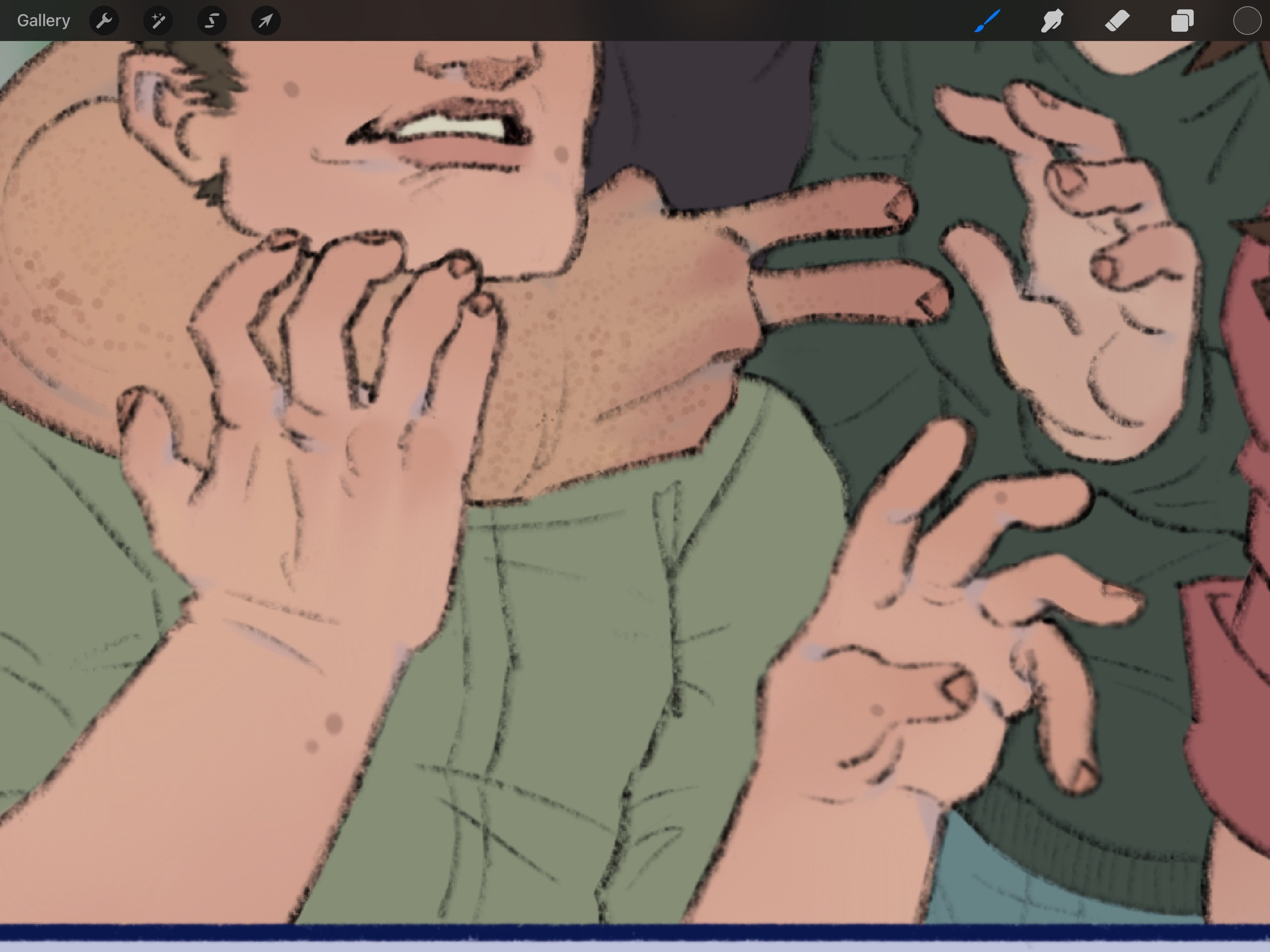 Close ups of the various hands I drew in this piece. Pier’s hands are holding Jake’s arm and waving weakly/shyly (below). Jake’s hand/arm is lightly choking Piers and doing a piece (✌️) sign gesture, and Sherry’s hand is also waving weakly/shyly (above).