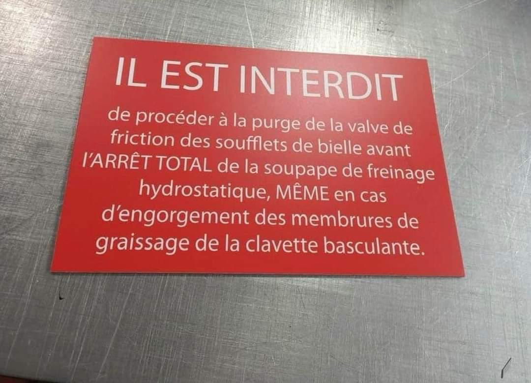 Panneau ROUGE
IL EST INTERDIT
de procéder la purge de la valve de friction des soufflets de bielle avant L'ARRET TOTAL de la soupape de freinage hydrostatique, MEME en cas de graissage de la clavette basculante