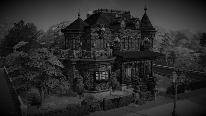 An black and white edit of a sims 4 screenshot of a Victorian mansion.