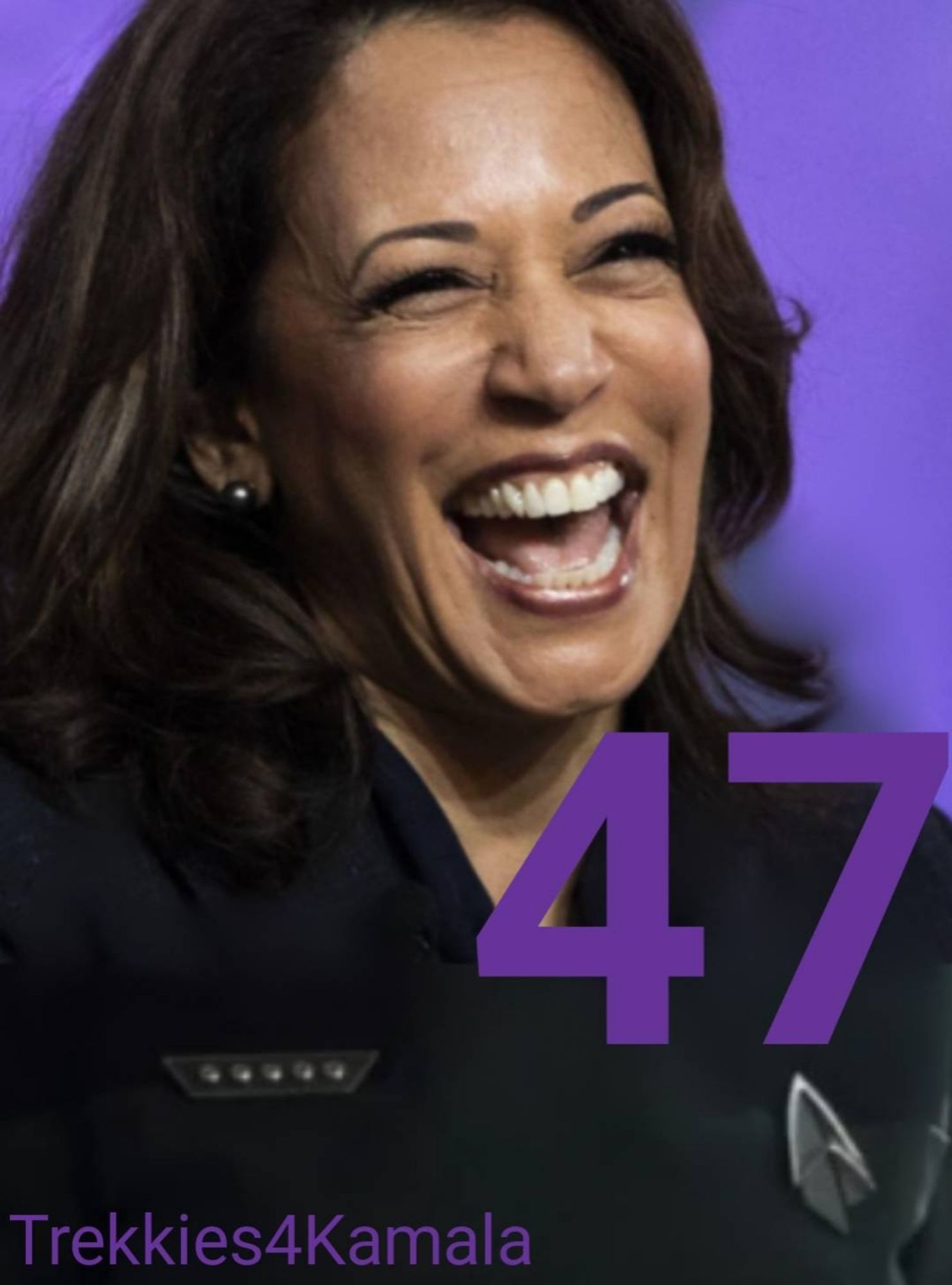 Purple background, Kamala Harris mid-laugh in a black Starfleet uniform with Presidential rank, the number 47 and Trekkies4Kamala