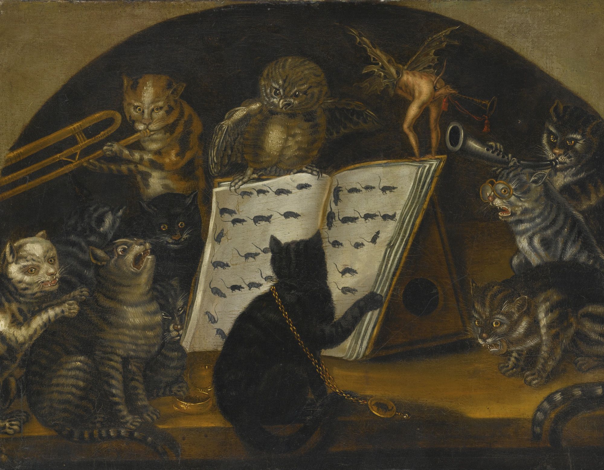 A cat orchestra directed by an owl, with sheet music made of little drawings of mice, as well as some other nonsense