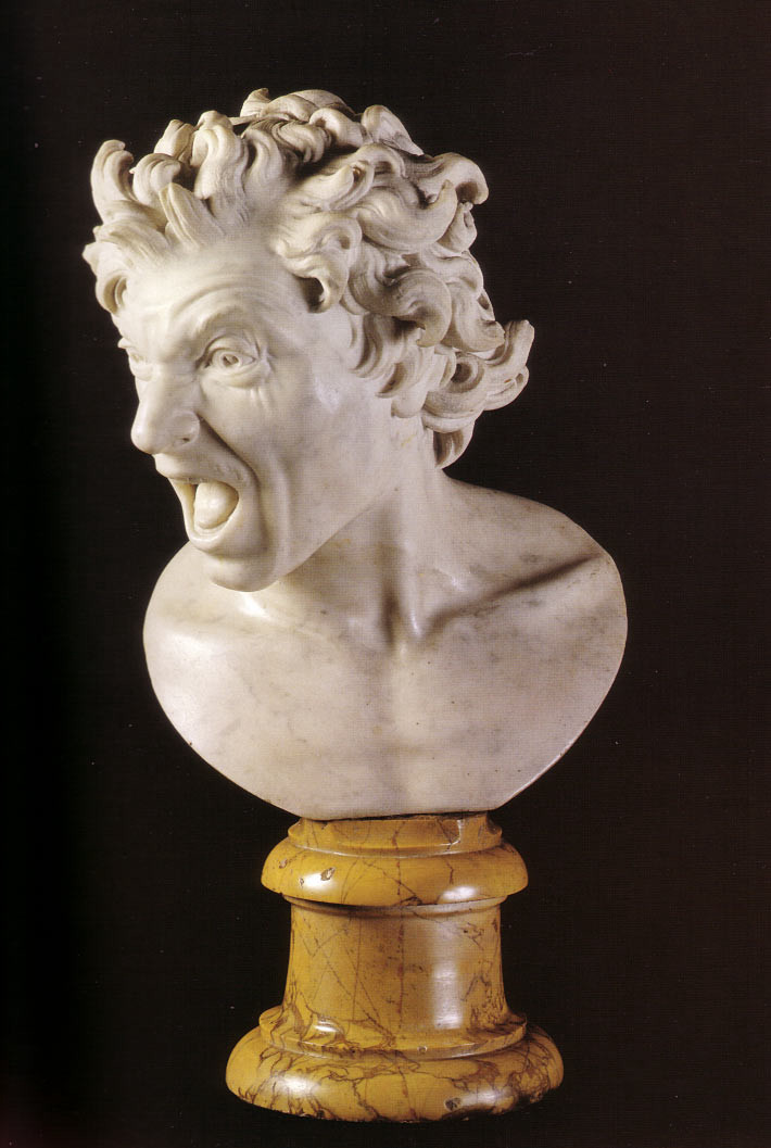 A classical marble bust of a head screaming in agony. "The Blessed Soul and the Damned Soul were commissioned from Bernini by Cardinal Pedro Foix de Montoya, in 1619. The busts were originally in the sacristy of the church of Santa Maria in Monserrato degli Spagnoli, Rome. They were appropriated from the sacristy by the Spanish government, who put them in the Spanish embassy to the Holy See on the Piazza di Spagna." (WGA)