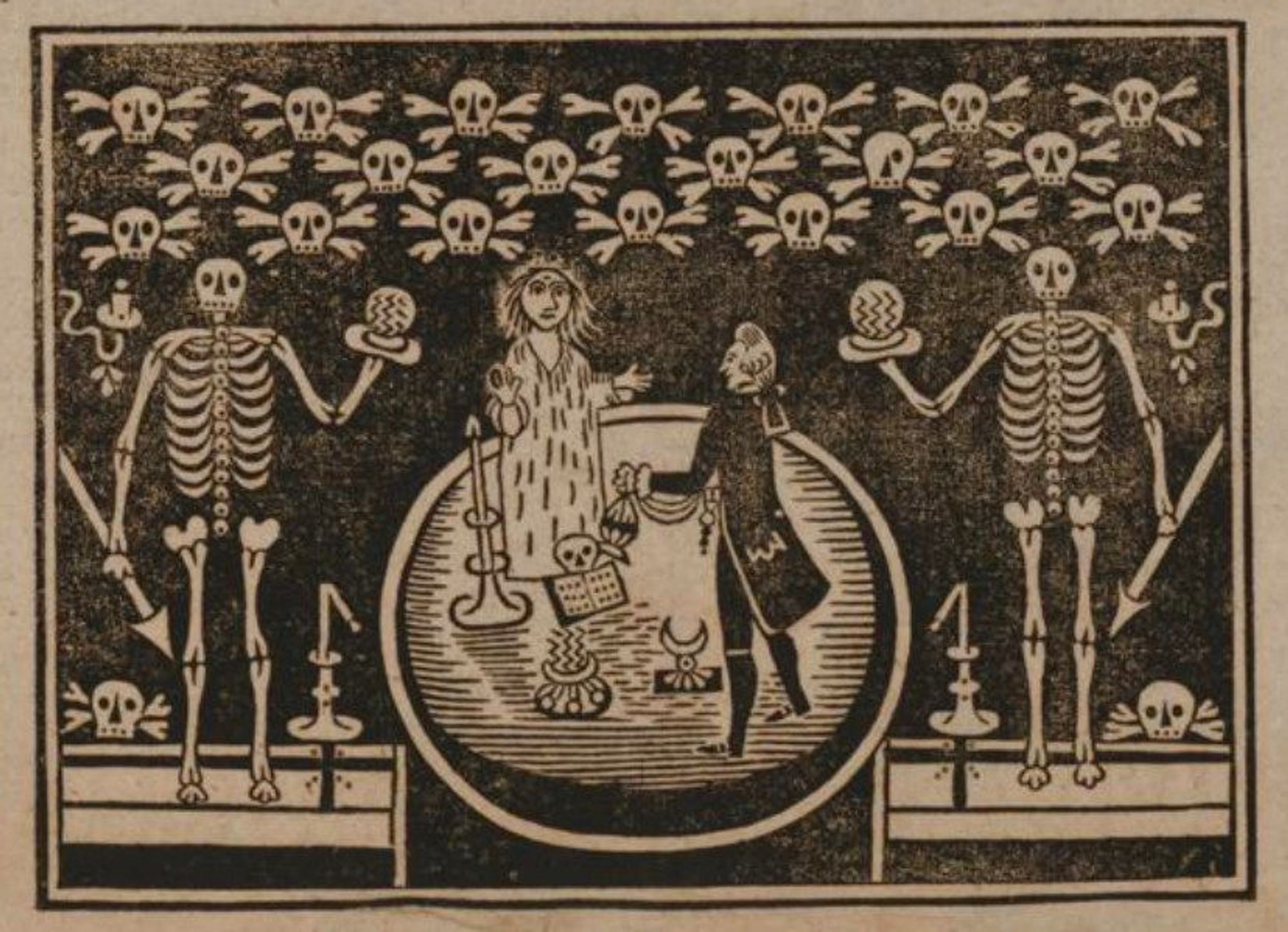 A crude woodcut of a magician in a circle before a female spirit, flanked by skeletons and candles. Above hover skulls and crossbones.