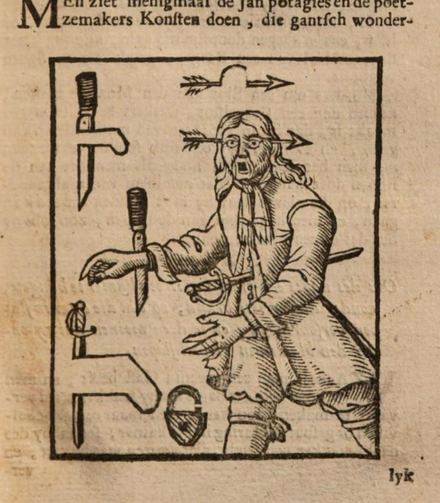 An illustration from a Dutch 18th-century manual showing a man demonstrating the use of trick knives, arrows, and swords