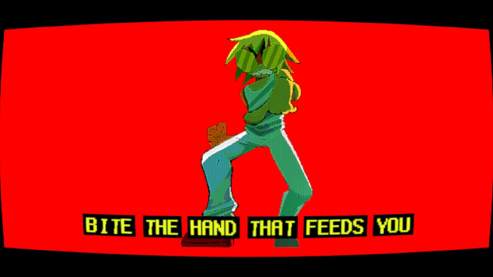 Star Fetchers: Escape from Pork Belly screenshot. Zambezi is pointing at the screen: "BITE THE HAND THAT FEEDS YOU"