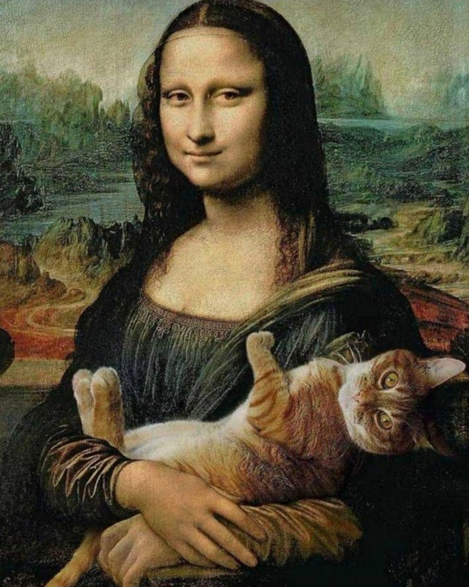 da vinci's mona lisa cuddling a big marmalade cat