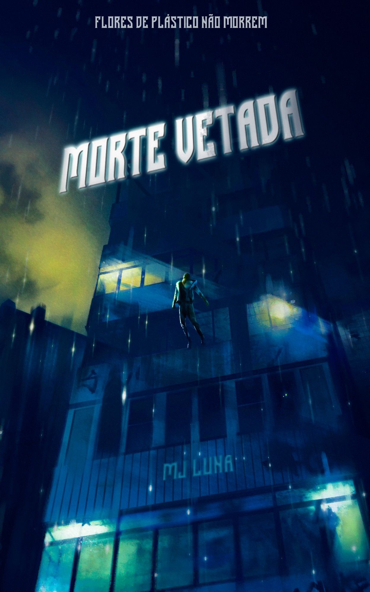 Capa do livro "Morte Vetada" por MJ Luna, em estilo pulp-fiction com ilustração de um prédio moderno com uma pessoa caindo da sacada. O céu amarelado contrasta com os tons de azul do edifício trazendo uma atmosfera deprimida ao cenário.