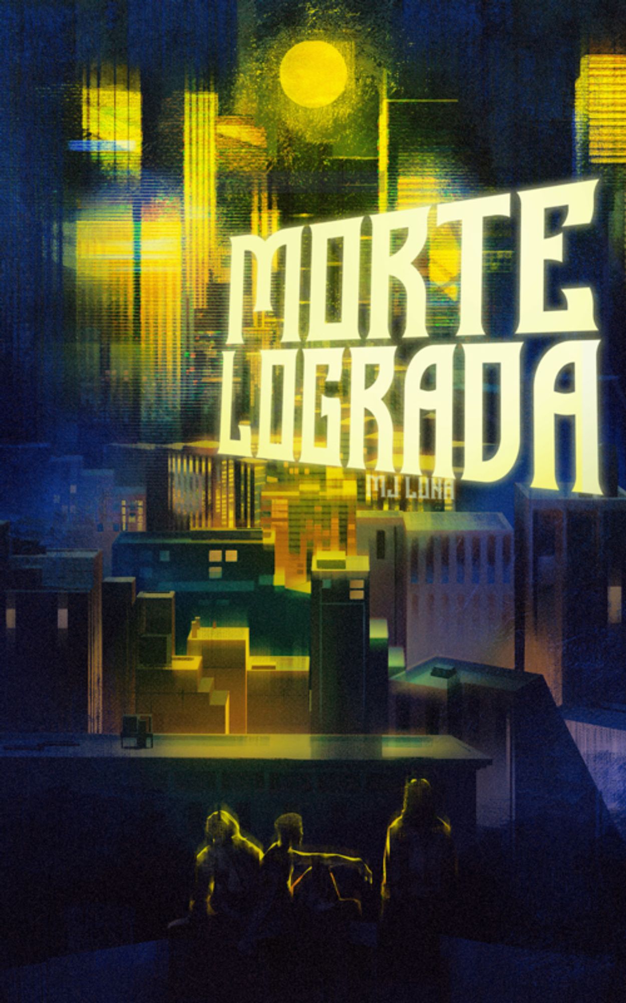 Capa do Livro “Morte Lograda” por MJ Luna, em estilo pulp-fiction com ilustração de uma cidade contemporânea a noite com a lua cheia emanando um brilho amarelo. Os arranha-céus são espelhados e os prédios menores possuem uma luz quente acolhedora. Na parte de baixo, três silhuetas de homens assistem a vista da cidade.