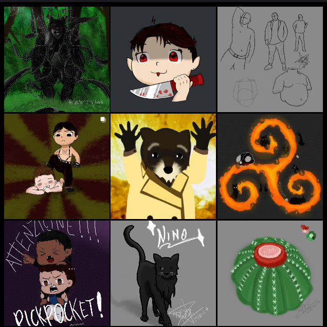 Print de feed do instagram com 09 desenhos, sendo eles:
01 - Monstro assustador que lembra gárgula.
02 - Icon em chibi com uma faca na mão e olhos vermelhos.
03 - Estudo de gestual com corpos gordos.
04 - Ilustração em estilo chibi anime de um homem sem camisa pisando na cabeça de um homem pelado.
05 - Guaxinim de sobretudo com as mãos erguidas.
06 - Triskle (símbolo celta que lembra um redemoinho) de fogo com gatinhos desenhados ao redor.
07 - Chibi anime de um homem na "cacunda" do outro gritando "attenzione pickpocket."
08 - Concept de gato preto caolho.
09 - Concept de coroa-de-frade (cacto redondo rasteiro que produz frutinhas no topo)