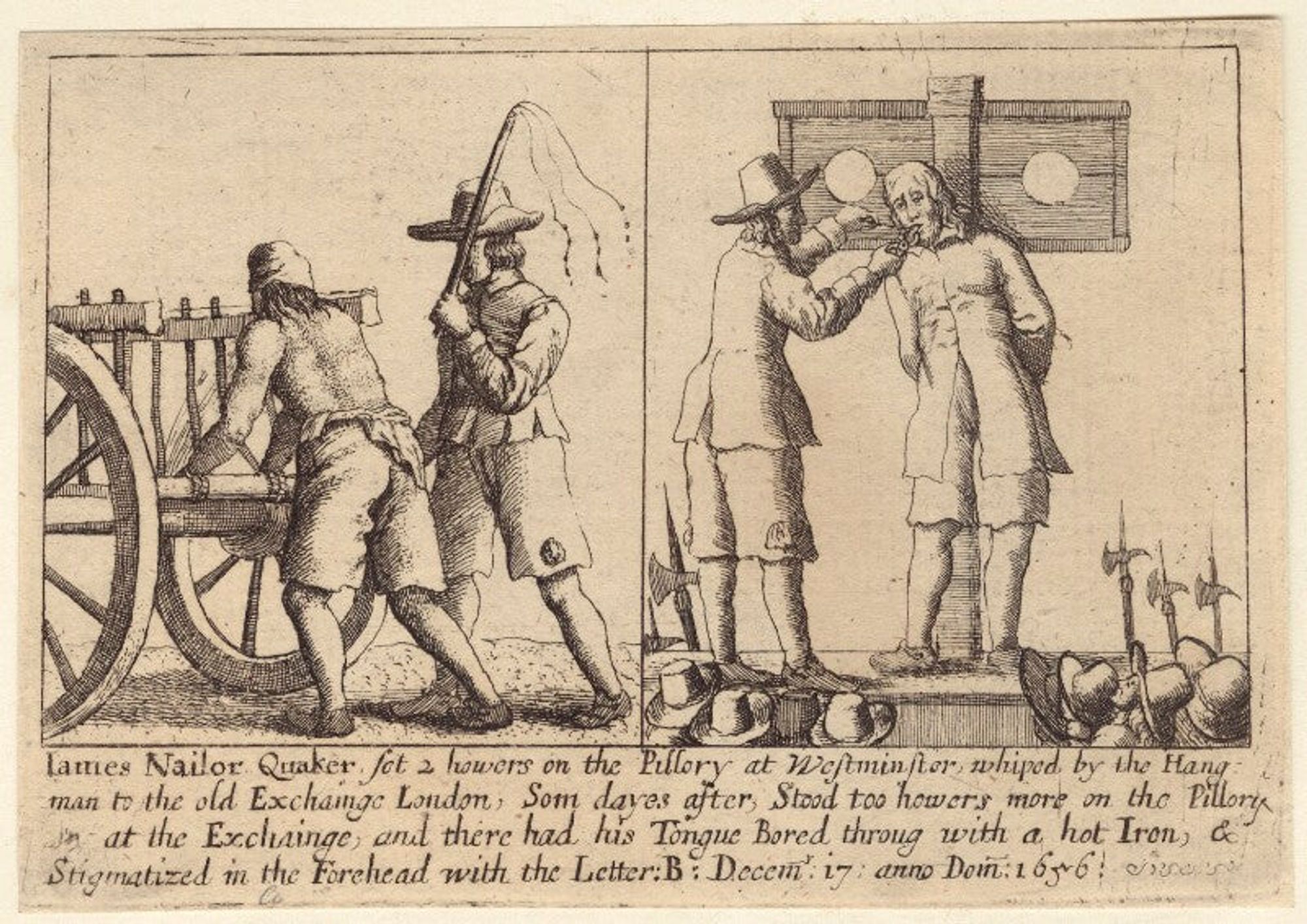 An illustration depicting some of the punishments enacted upon by James Nayler by Parliament in 1656.