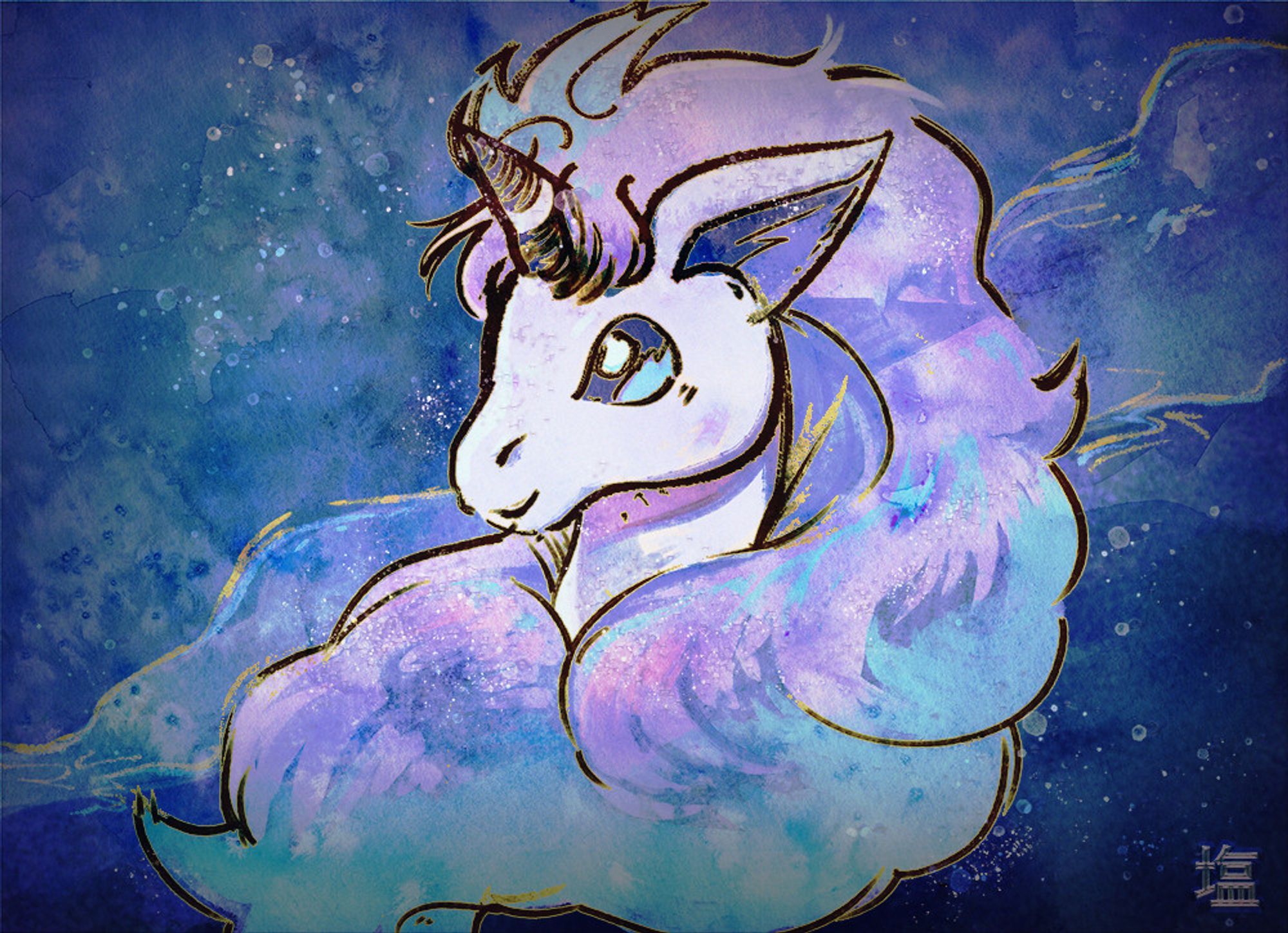 Pokemon galarian ponyta headshot in a blue splotchy night-like background