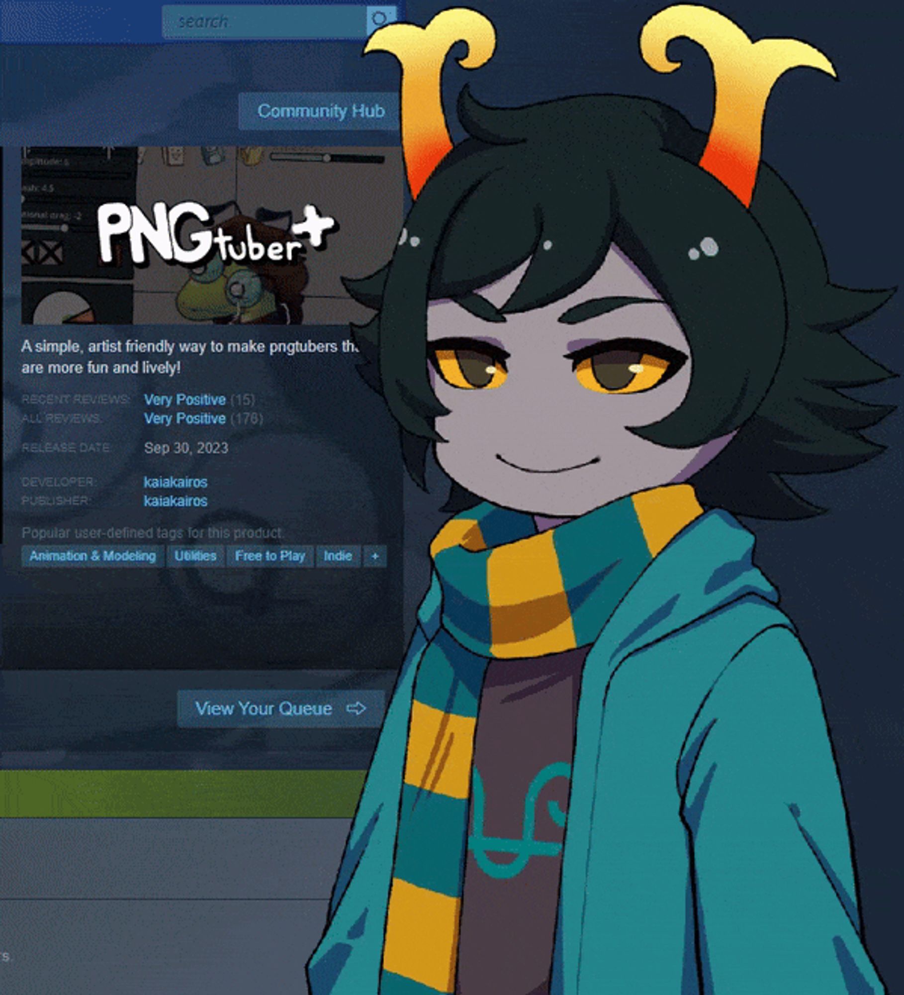 A PNGtuber 2D vtuber Homestuck OC on top of a background of the PNGtuber+ Steam store page. The character is usual Homestuck character features such as gray skin, candy corn patterned horns with a curly end and dark hair. They wear a yellow and teal scarf and a teal hoodie. Their teal sign is labeled on their dark gray shirt. Their eyes smugly look to the side with dark irises and orange scleras. They smile, mischievously.