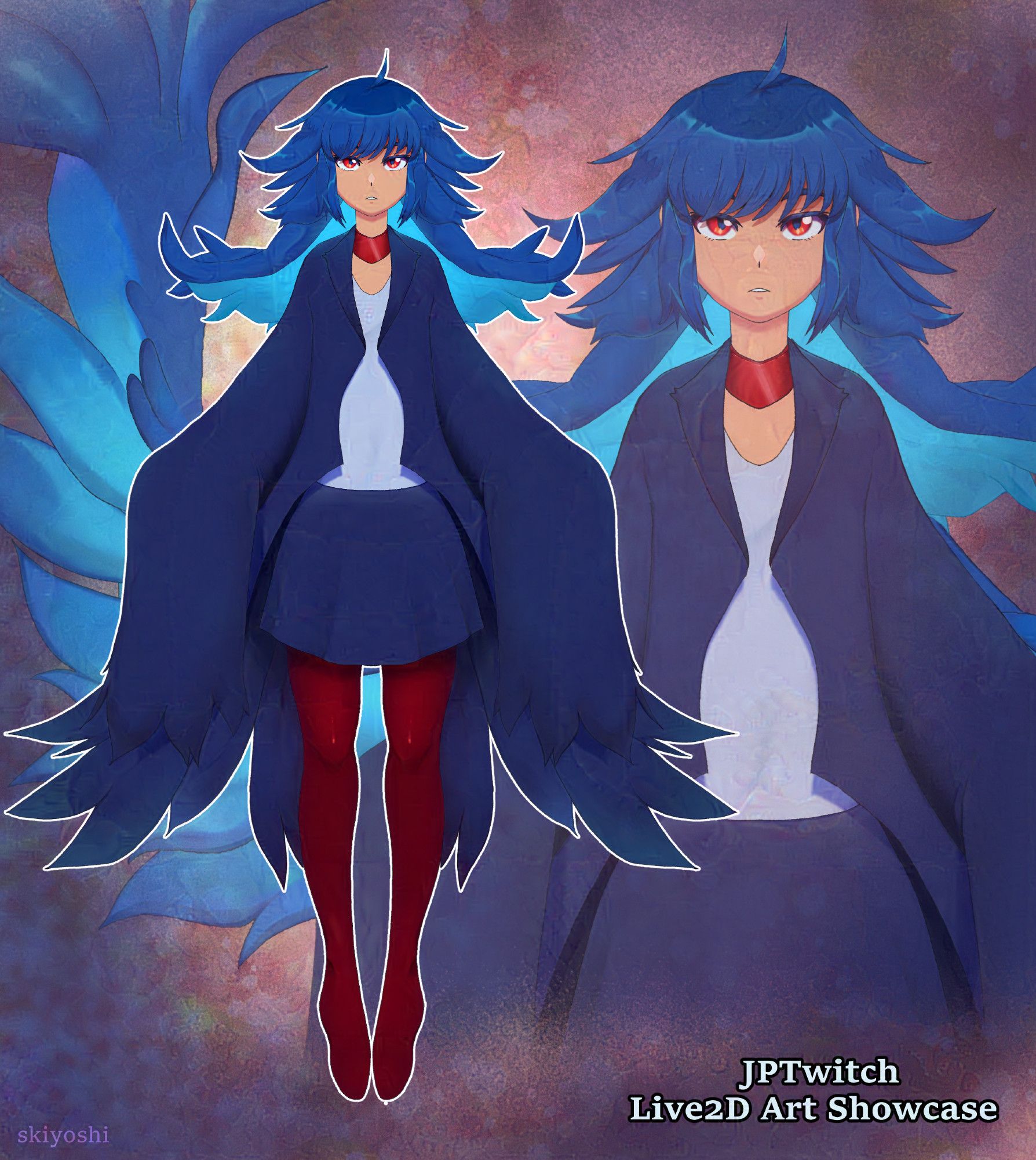 Blue and red vtuber model of androgynous nature. Has really long ripped sleeves and ripped coat. Wears red stocking and red collar. Has red eyes and long blue hair.