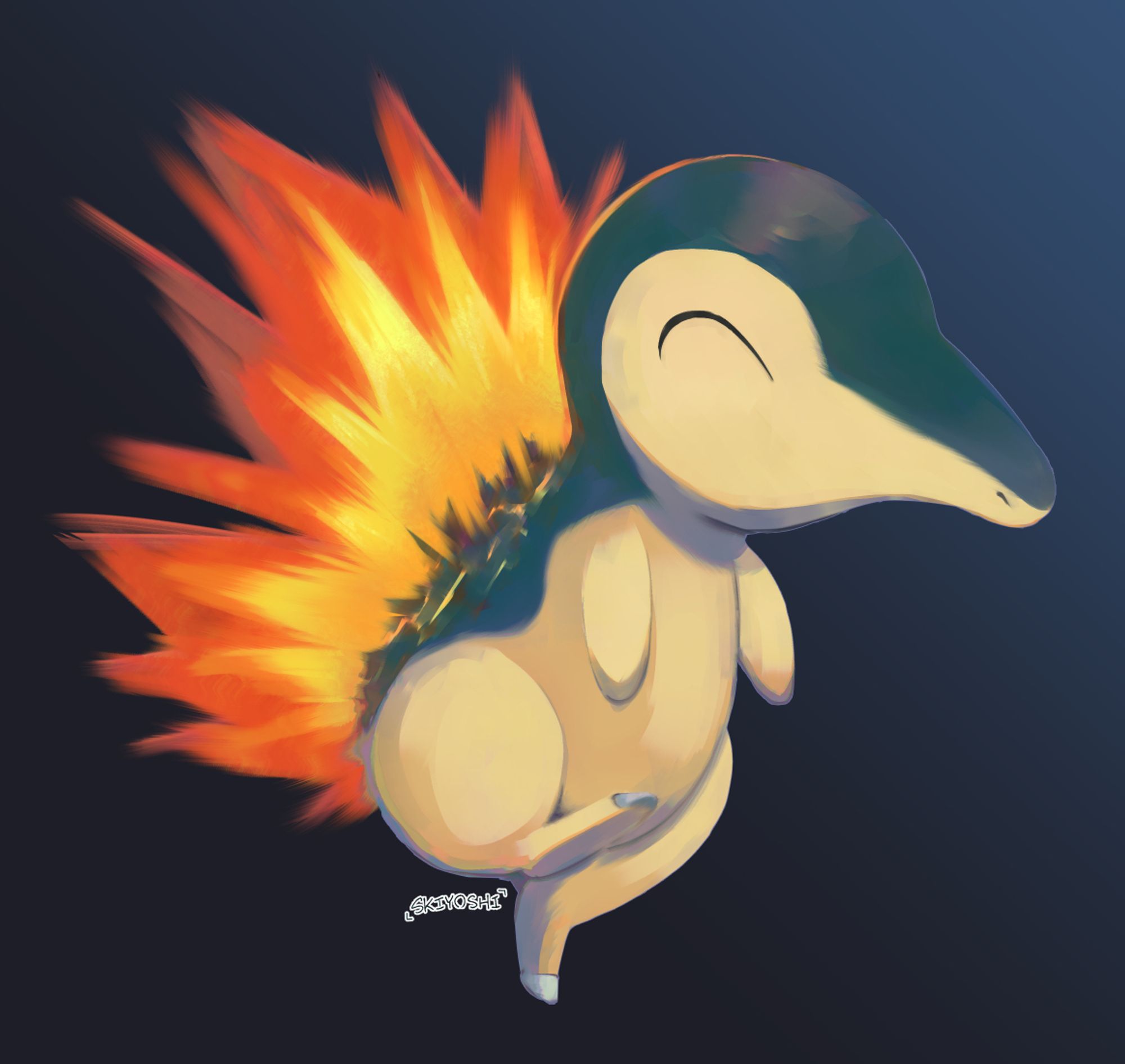 Pokemon Cyndaquil standing on one foot happily on a blue and black background. Flames burst from its back in a painterly style.