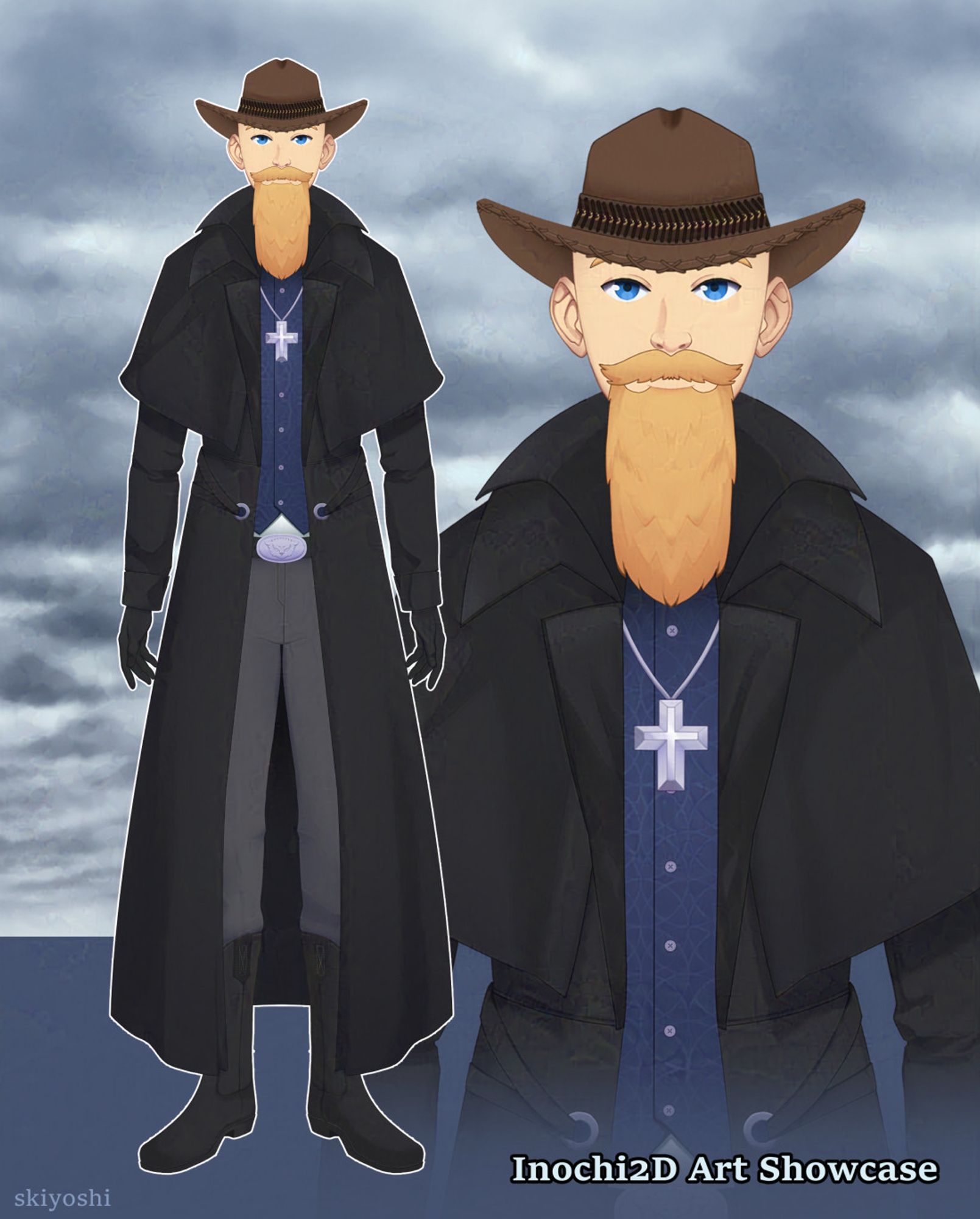 Vtuber model of a male cowboy. He's wearing a brown cowboy hat with a long black duster coat. He wearing a silver-like cross necklace with a blue patterned vest, black gloves, and gray pants. He also wears detailed black cowboy boots. He has striking blue eyes and a long blonde mustache and beard.