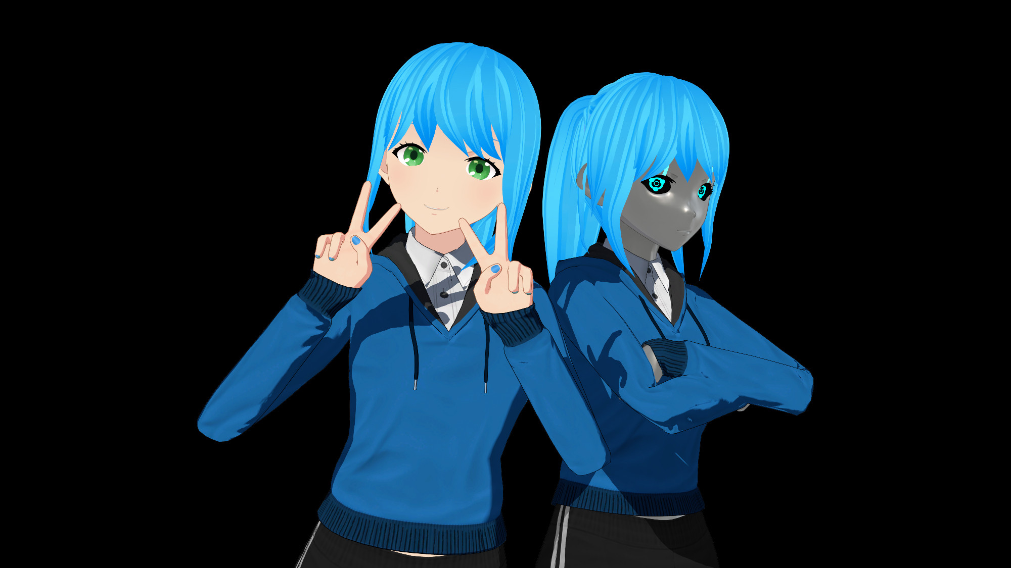 Blue-themed Vtuber model with blue hair and blue hoodie and green eyes with black shorts. On the left is the normal human form with flesh-toned skin, and on the right is the robot form with metal shiny skin.