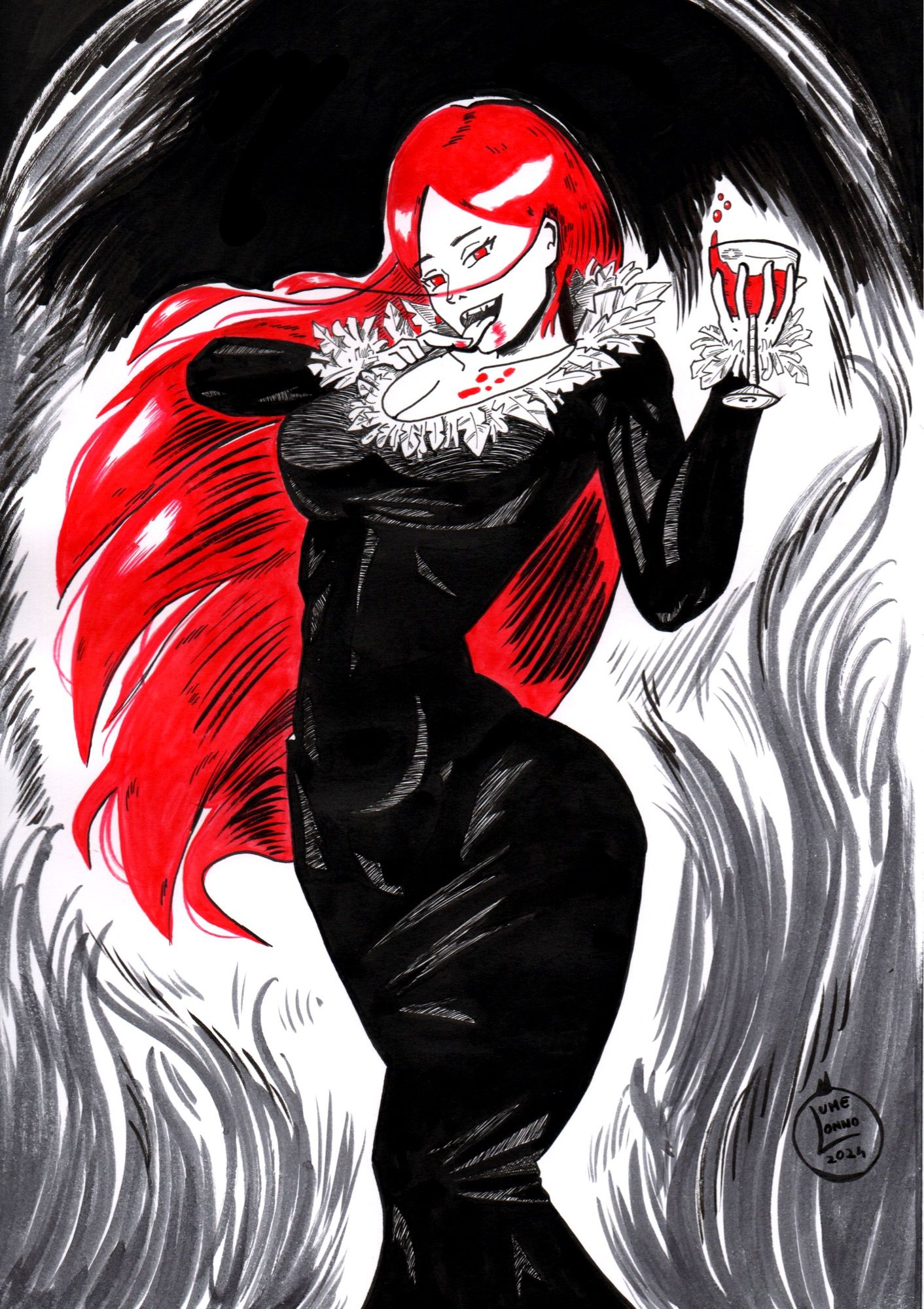 A beautiful woman with red hairs is a vampire. Made with ink