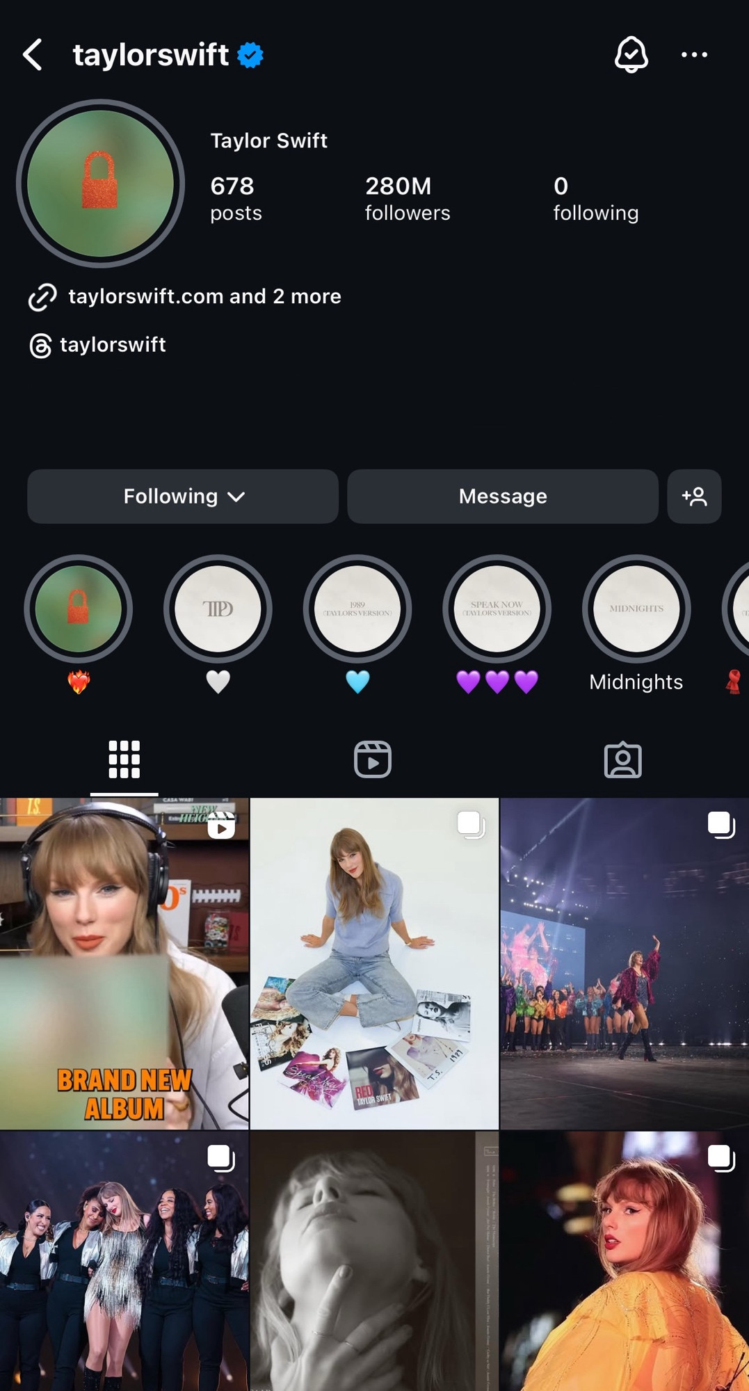 Screenshot of Taylor Swift’s instagram profile
