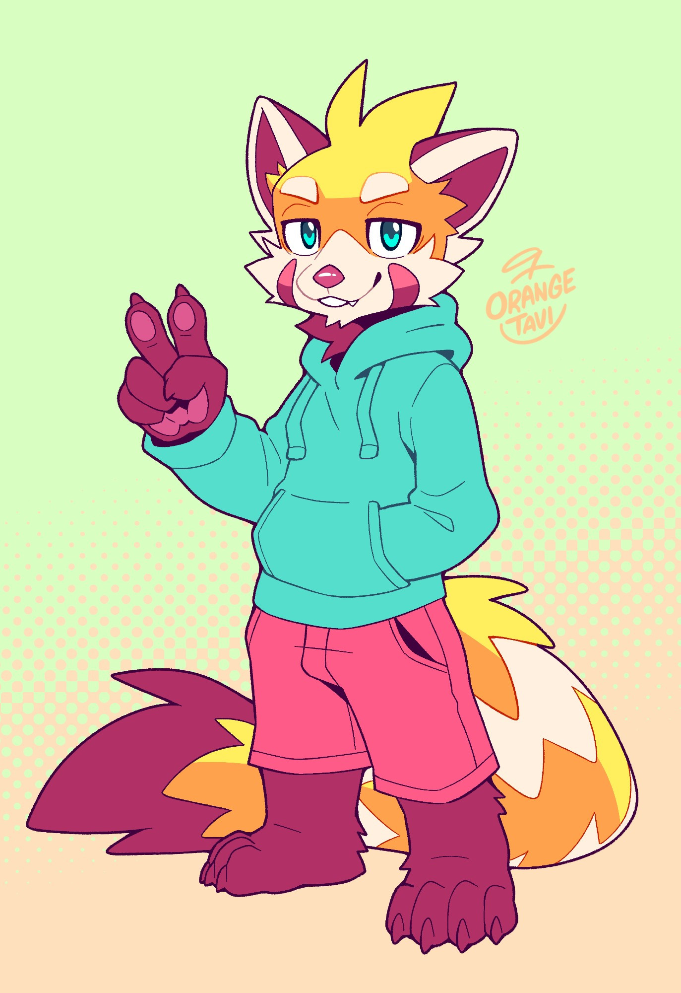 My fursona, Tavi, with a slight redesign, wearing a turquoise hoodie and pink shorts throwing up a peace sign. Tavi's Art