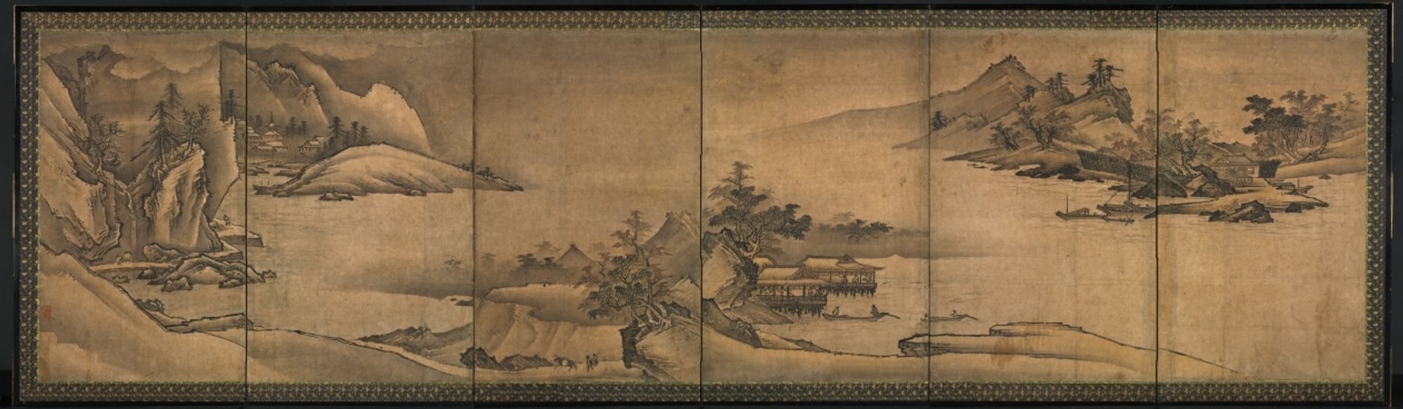 Yi Sumun is a Korean painter who moved to Japan in 1424 at the age of 20. Yi’s style likely represents the Yuanti school of royal court painting during the early Ming period. This pair of screens is the artist’s most important composition in this format and is smaller in scale than the average Japanese screen (<em>byobu</em>). Viewed from right to left, the screens show the passage of the four seasons, a popular theme in medieval Japanese ink painting.