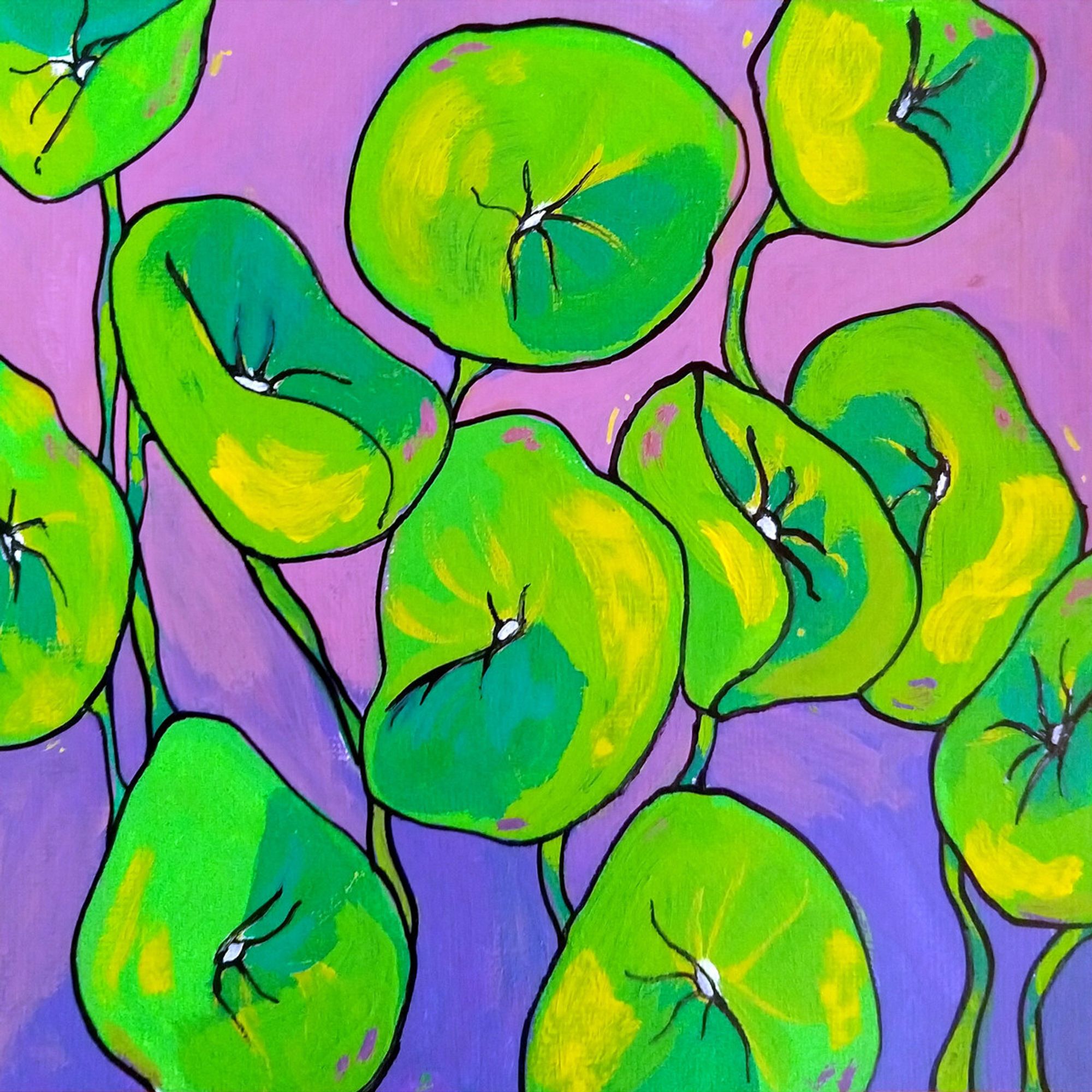 painting of bright green pennywort on a purple background