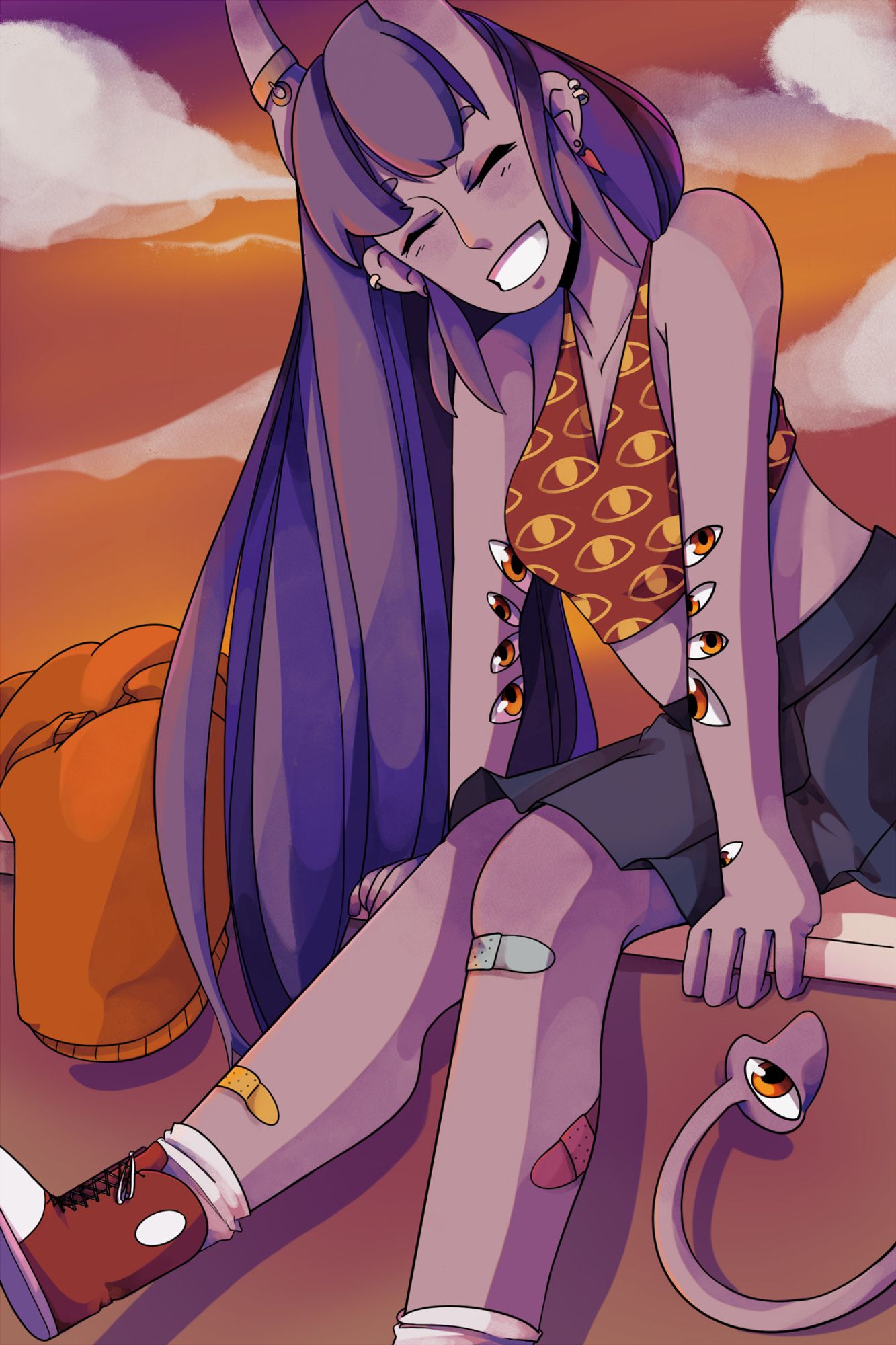 digital drawing of a purple skinned demon girl sitting on a ledge, kicking her feet, with a huge smile in front of the sunset. she has an extra eight eyes on her arms and hands