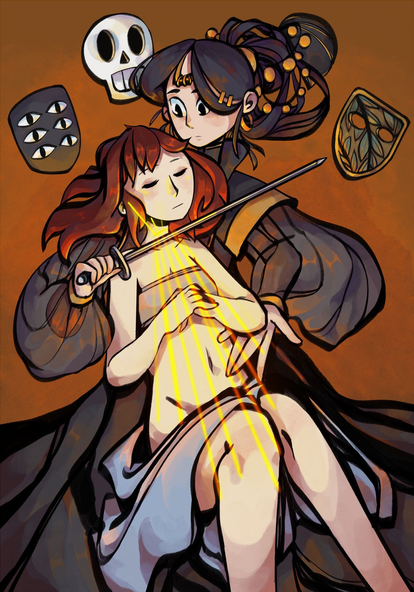 digital drawing of a girl in a black uniform holding a sword to the neck of another girl in burial type clothing