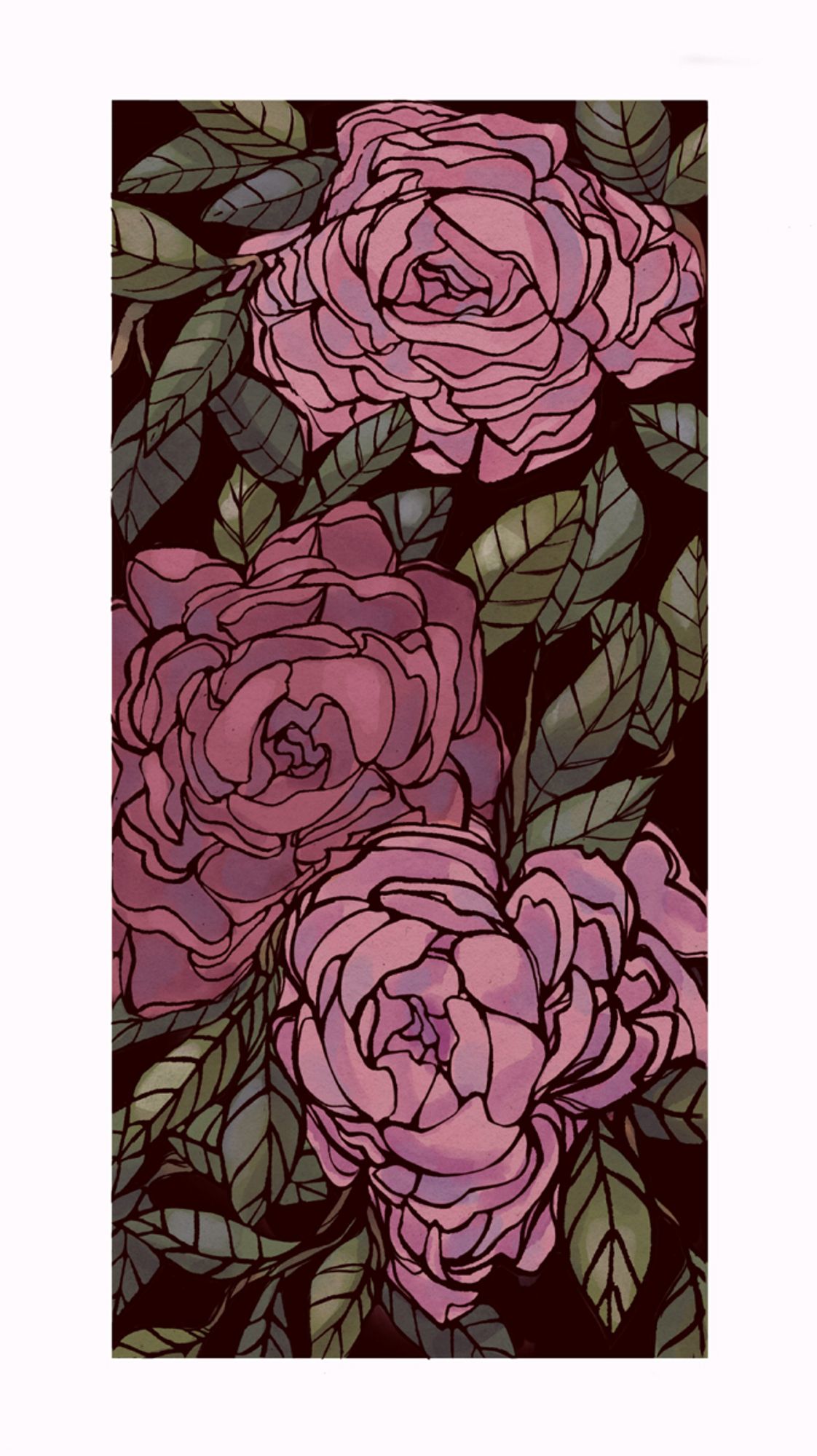 digital drawing of three peonies in various shades of pink and red