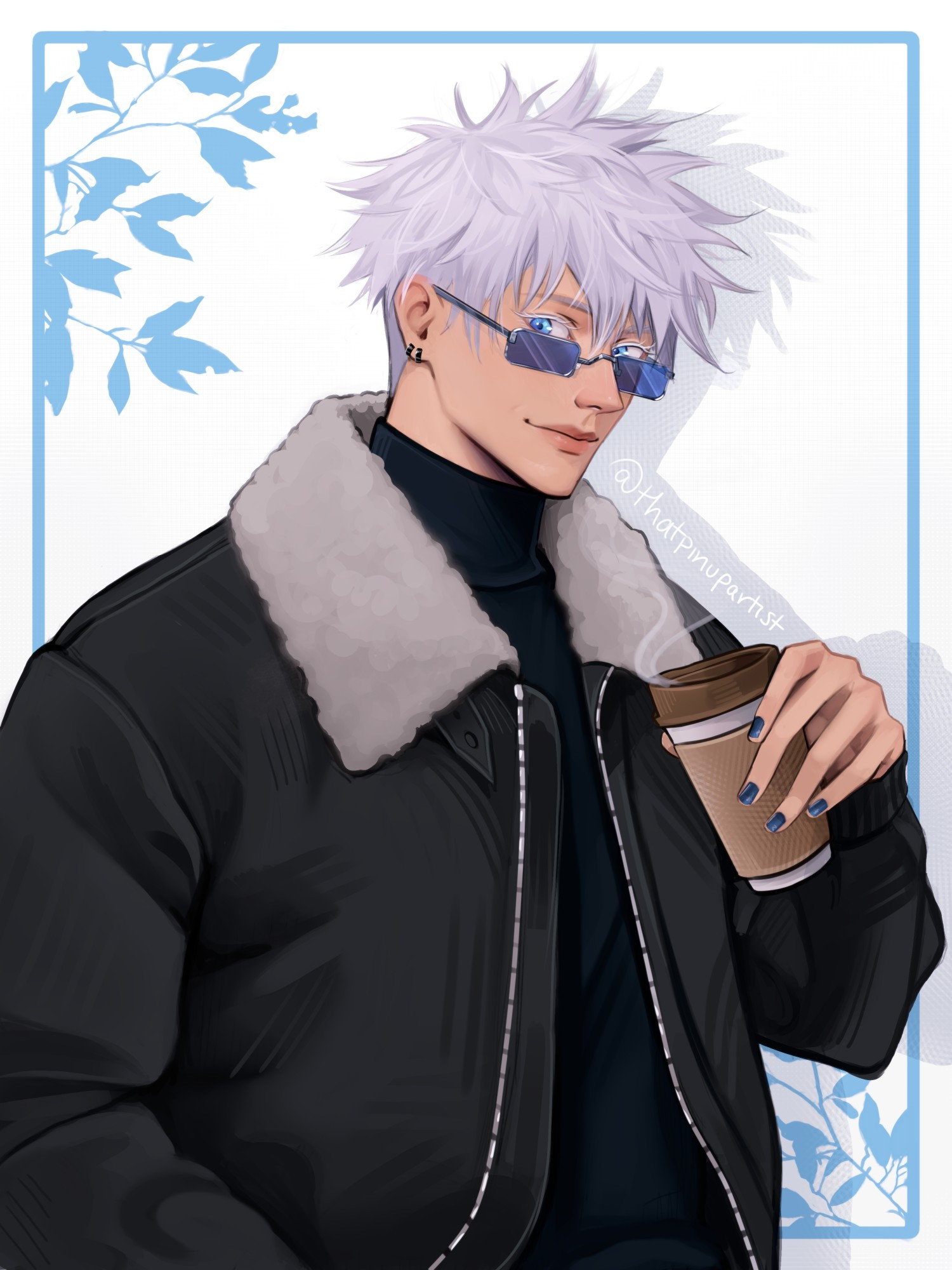 Redraw of gojo official art, with a white background with blue floral details to frame him. He is wearing a puffer jacket, turtleneck, his glasses and has two piercings on his lobe. with a cup of coffee steaming in his hand, navy blue painted nails. He's looking at the viewer with a soft smile