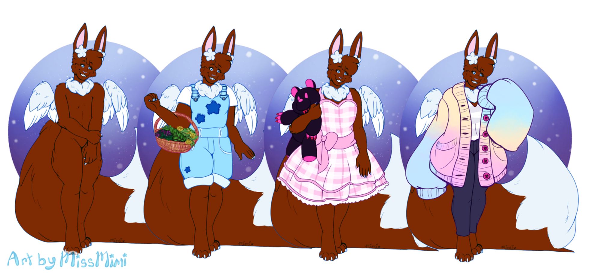 Here's a piece I started a good while back of my sona in some cute lil outfits. 