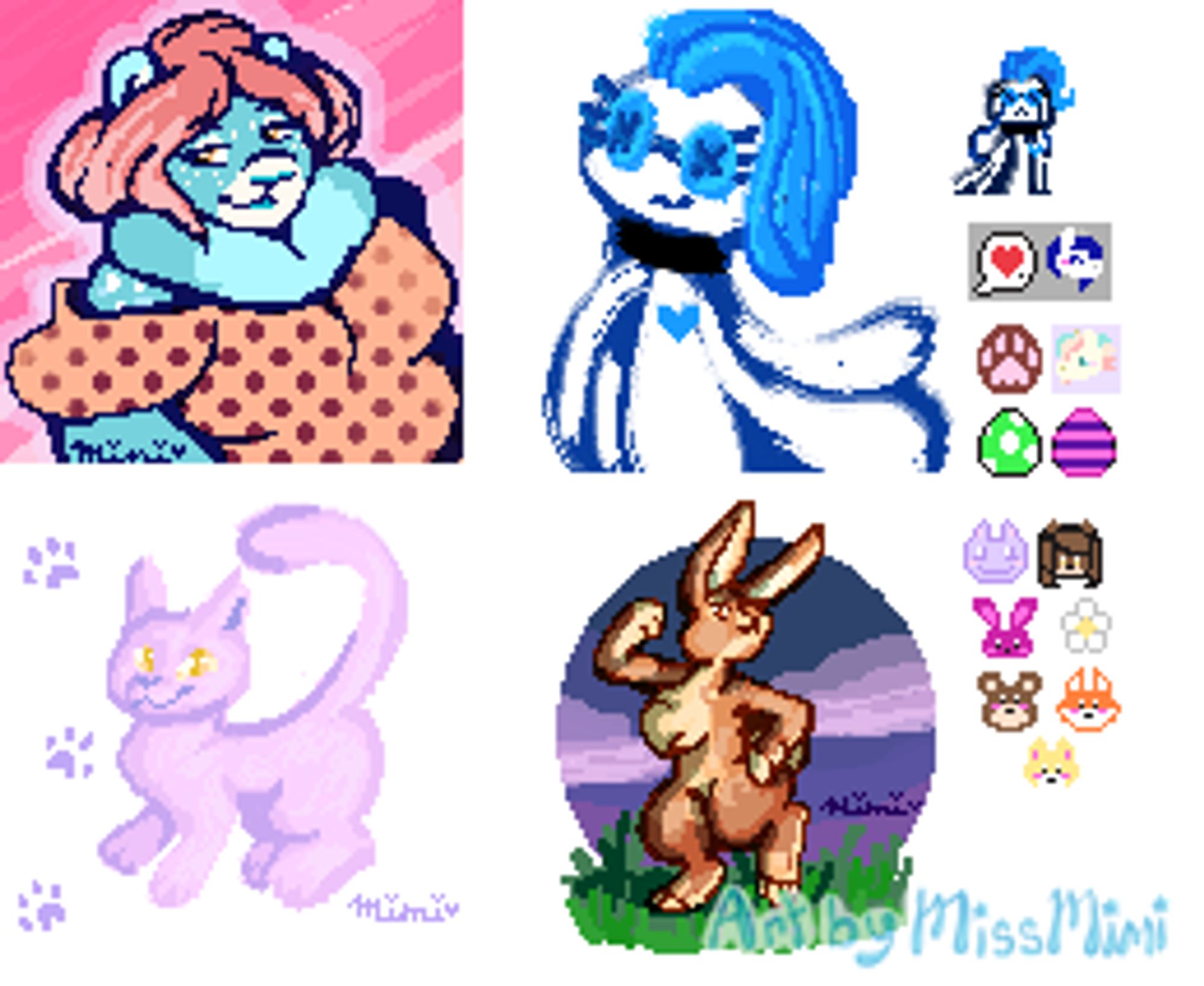 I like to mess with pixel art from time to time so here is a collection of cute random lil pixel pieces.  Characters shown (that aren't just random doodles) belong to me. 