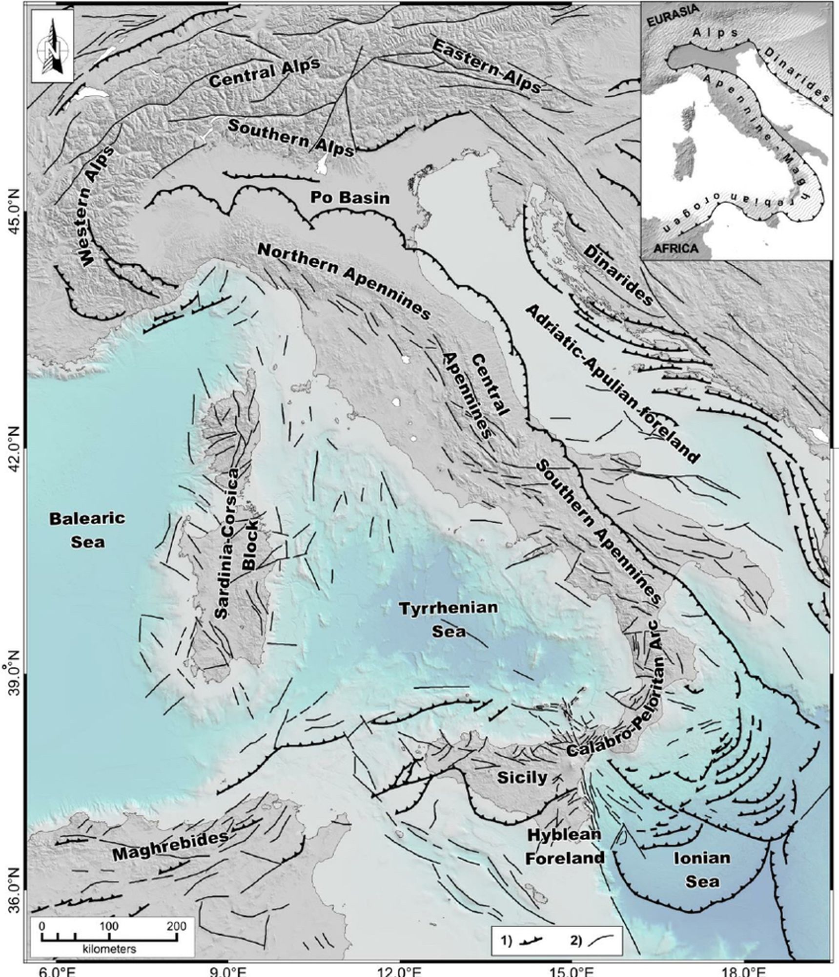 Simplified tectonic map of Italy