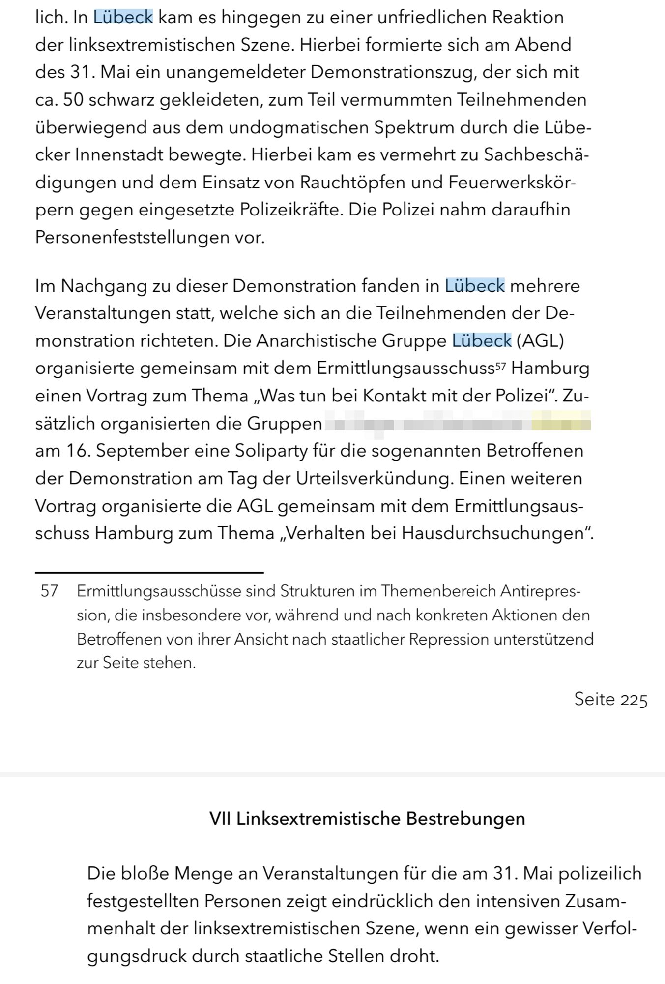 Auszug aus dem Verfassungsschutzbericht Schleswig-Holstein zu den #FreeLina Demos in SH.