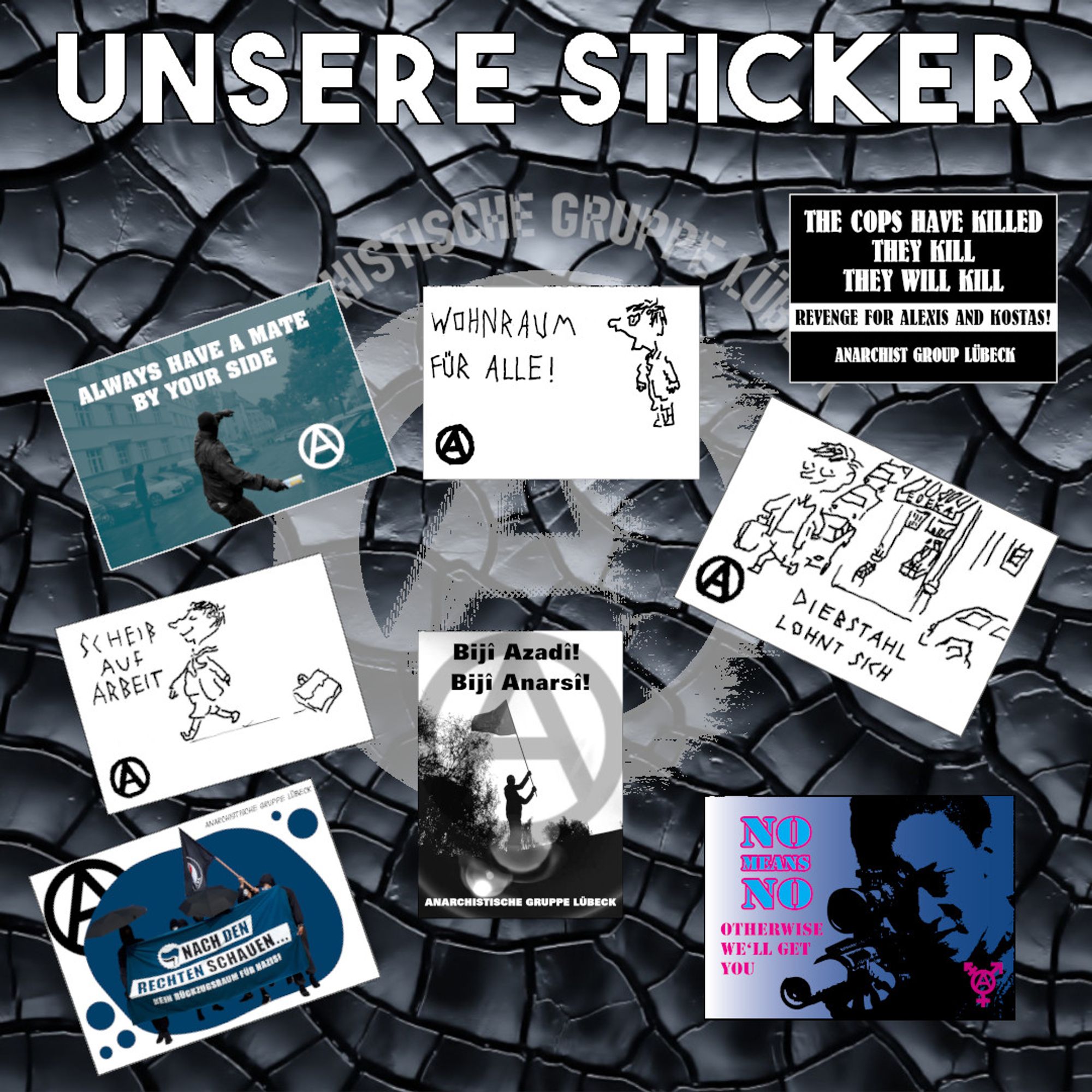 Diverse Sticker auf einem schwarzen Hintergrund auf dem ein weißes Anarchie A zu sehen ist und die Aufschrift „Anarchistische Gruppe Lübeck“.