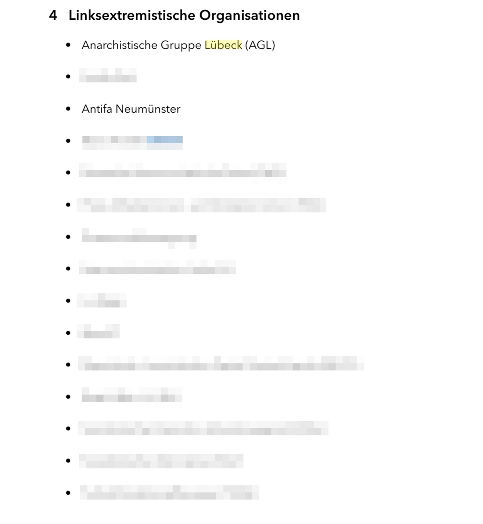 Auszug aus der Liste im Verfassungsschutzbericht Schleswig-Holstein linksextremistischer Organisationen.