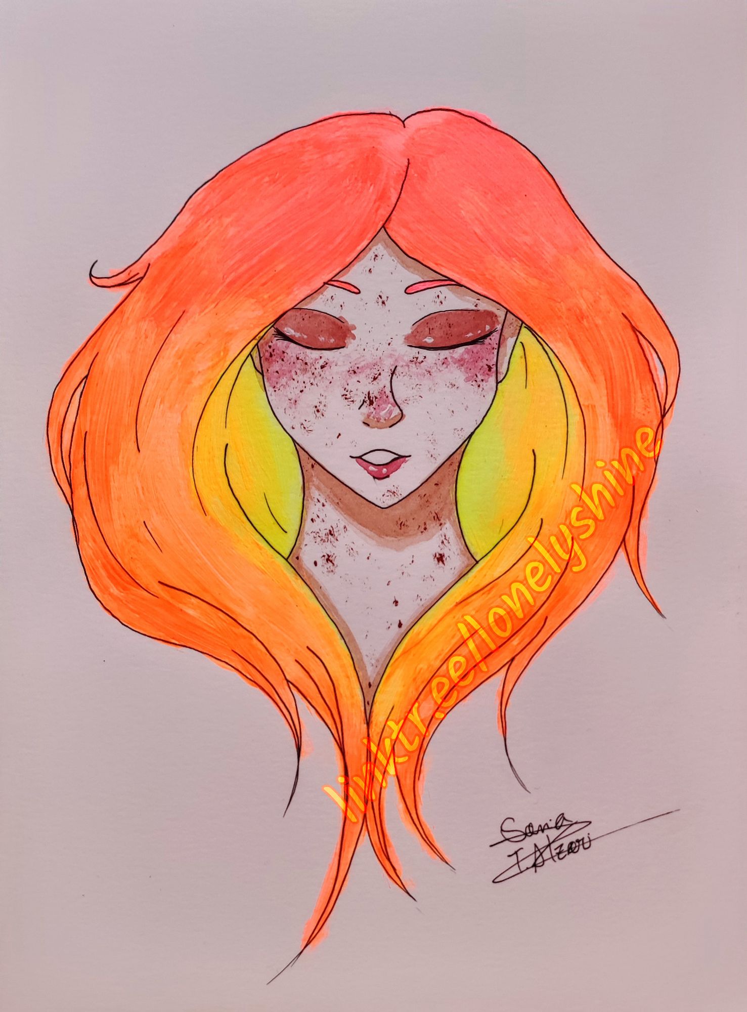 A traditional drawing/paiting. A portrait of a white girl with glowing hair, yellow in the center and orange in the outter layers. She's wearing brown eyeshadow and hot pink lipstcick. She has a blush across her cheeks and nose, and freckles scattered across her face and neck. She's facing down slightly, with her eyes closed, and is smiling. Her hair is painted wwith acrylic paint and her face with watercolours.