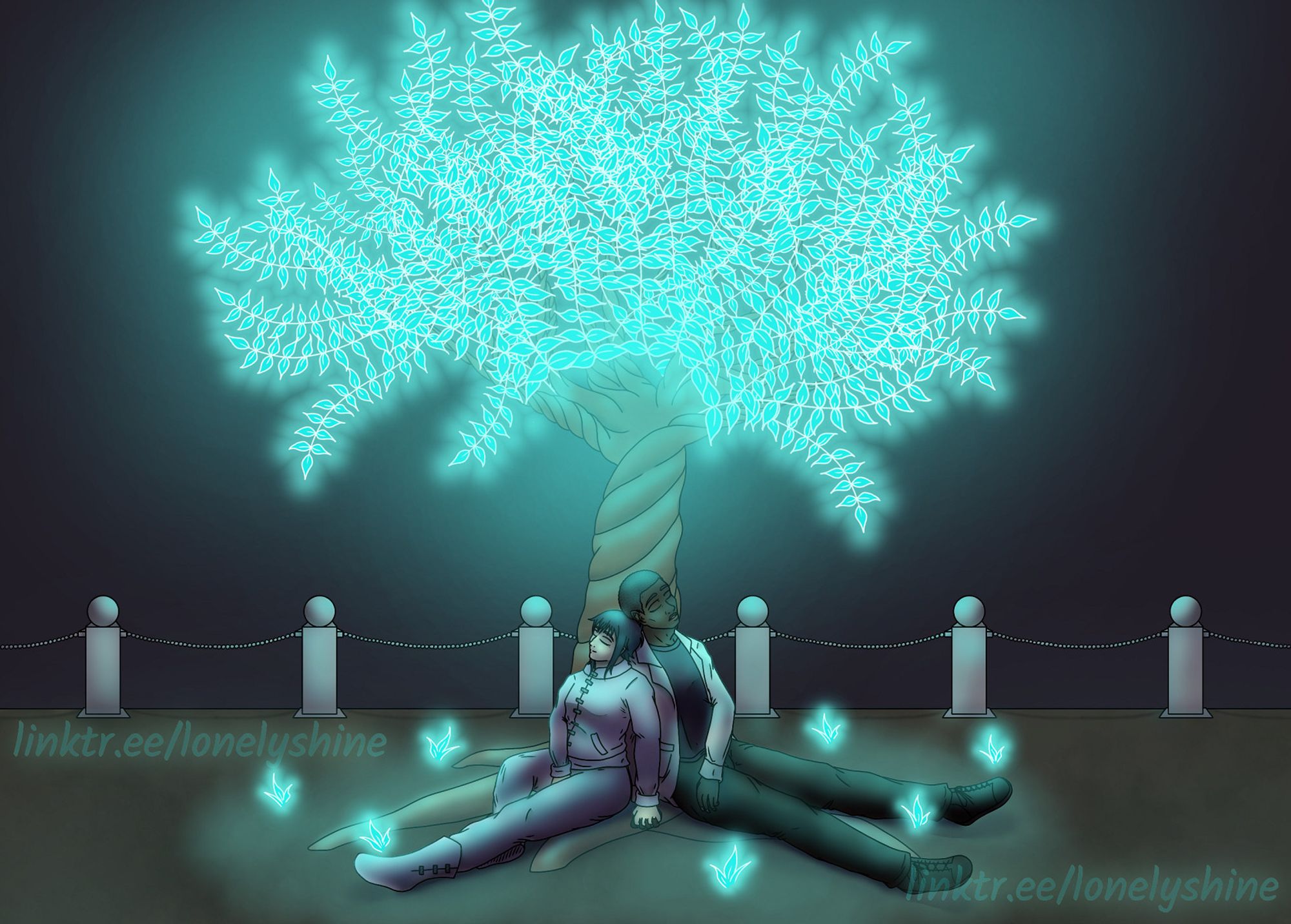 A digital drawing showing two characters, Ebis and Marcus, sitting asleep under the glowing tree of 'Submachine 7: The Core' game.

Ebis is a short woman with pale golden skin and short, straight, black hair. She's wearing an all white uniform consisting of a coat, pants, and boots. She has her eyes closed and a little smile on her face.

Marcus is a tall, skinny man with dark brown skin and short, coily, dark brown hair. He's wearing dark clothes consisting of a t-shirt, pants, and shoes, with a white lab coat over all. He has his eyes closed and his lips slightly parted.

Both Ebis and Marcus are sitting with their backs against the tree and against each other, and are holding hands in the space between them. The tree they are resting against has glowing cyan leaves, and under it grows similarly glowing cyan grass.

The walkway in which the tree and characters are is made of dirt and lined by a fence made of poles linked by a small beaded chain, and rests against pitch-black void.