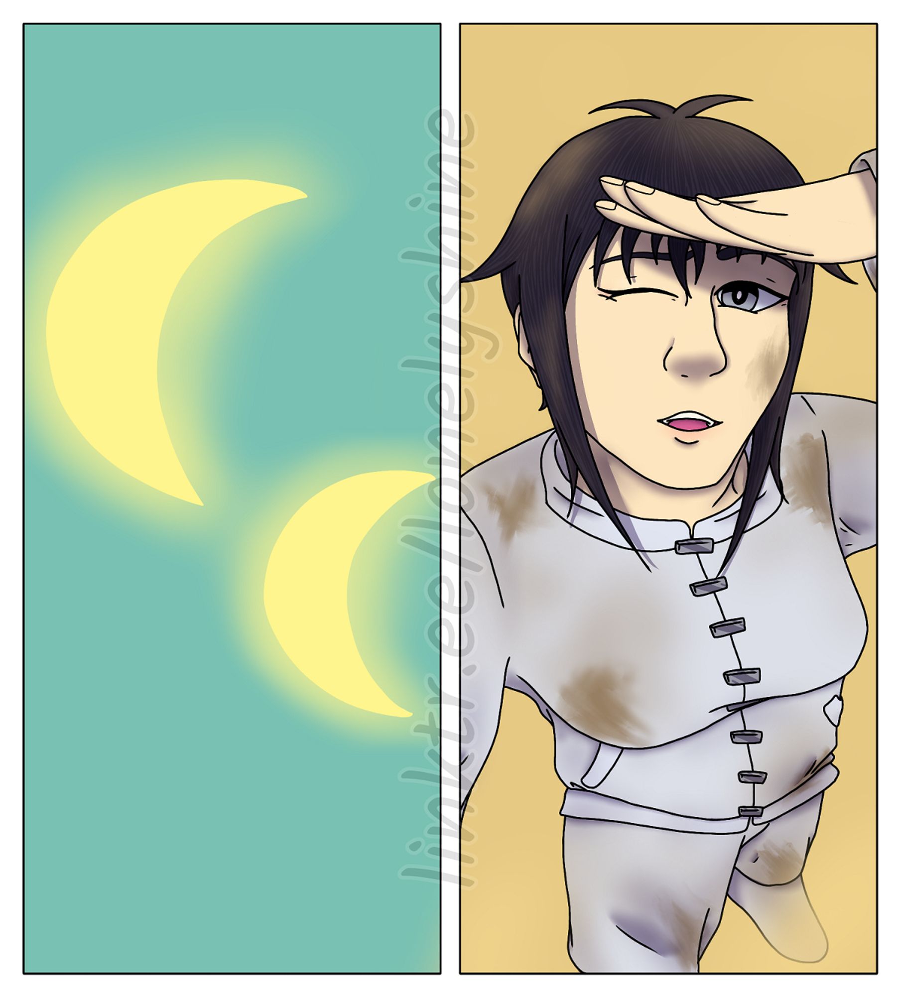 The first panel of a digital comic, framed and divided verically in half. The left side shows two yellow crescent shapes in a greenish-blue sky. The right half shows Ebis in a high angle shot looking up and shielding her face with a hand. Ebis is a short woman with pale golden skin, short black hair, and grey eyes, who wears a dirty white uniform.