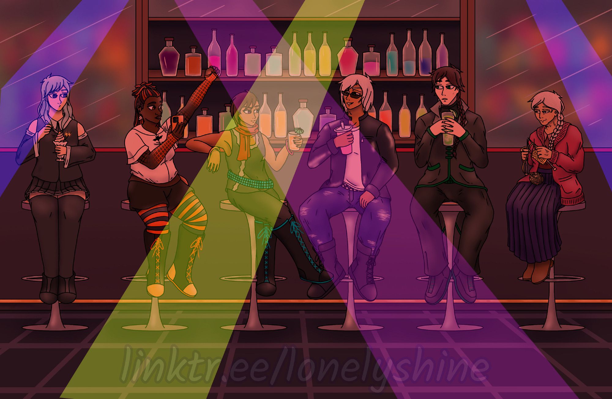 A digital drawing showing six Pokemon Reborn trainers (Nyalu, Inas, Demi, Desh, Elethad, and Nana) hanging out at Arc's Nightclub. They sit at the bar, with their backs to it and 'facing' the viewer, they're having drinks and chatting with each other.