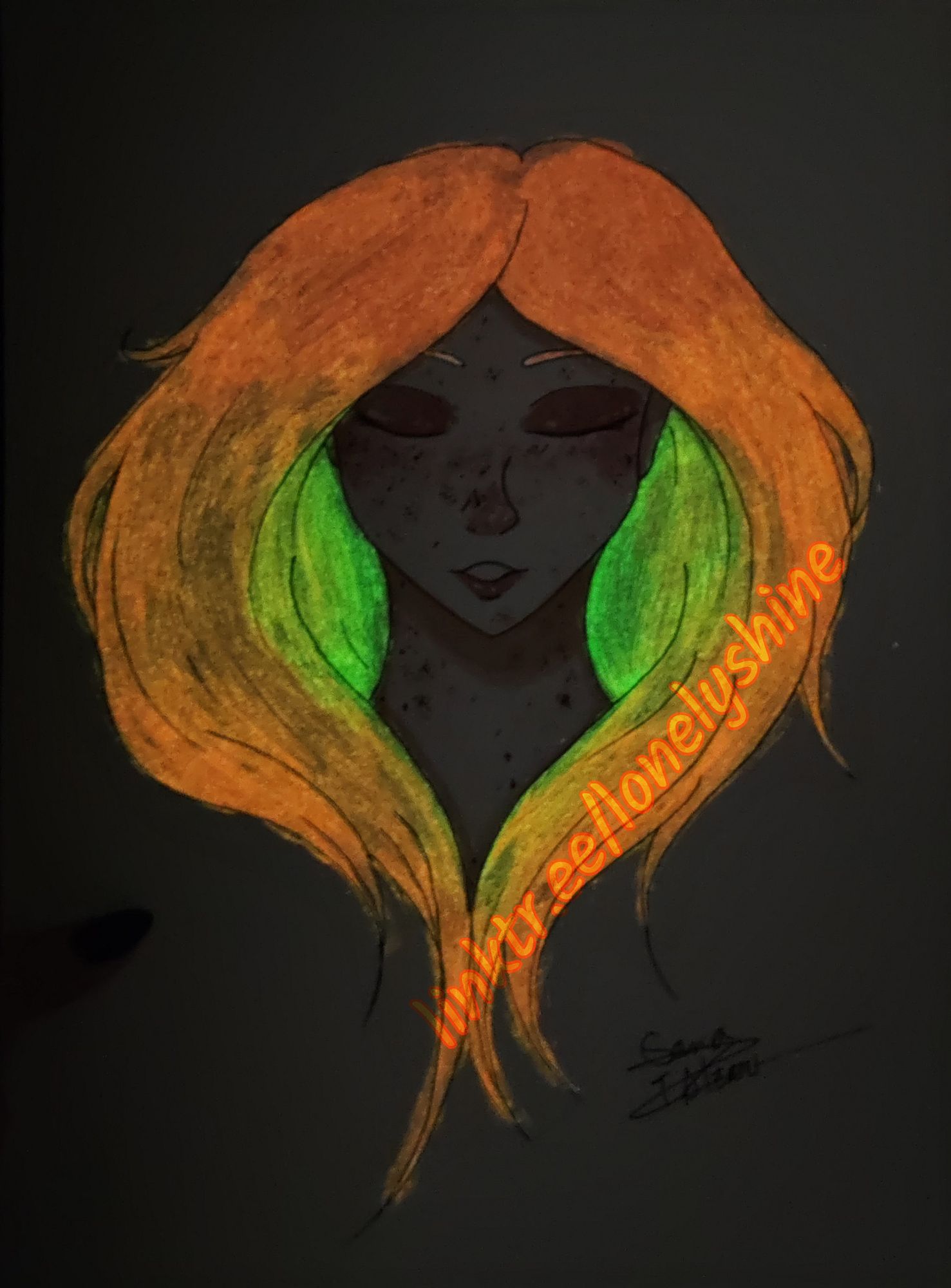 The same traditional painting, showing the portrait of a white girl with glowing yellow/orange hair, from before. This time the picture has been taken in a dark room to show how the girl's hair has been painted with glow-in-the-dark paint. The girl's face is barely visible in this picture, as that's been painted with regular watercolours.