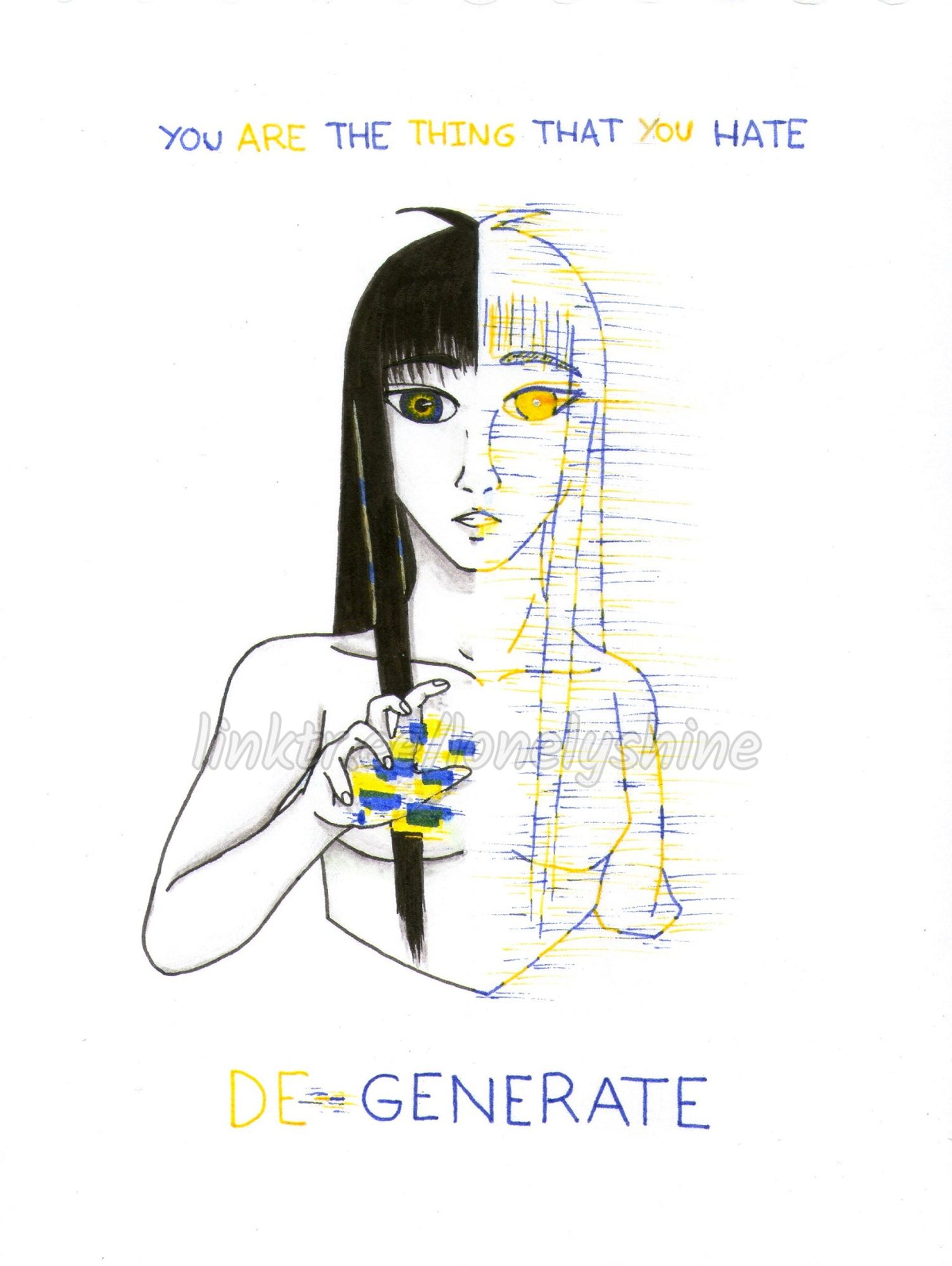 A traditional drawing of a girl from the chest up. The girl has paper white skin, blue and yellow eyes, and long, straight, black hair. She's looking forwards, with a shocked expression, and reacing out with her right hand, under which there is a yellow and blur distortion. The entire left side of the girl (right on the screen) is a yellow and blue distortion, like a glitching hologram.