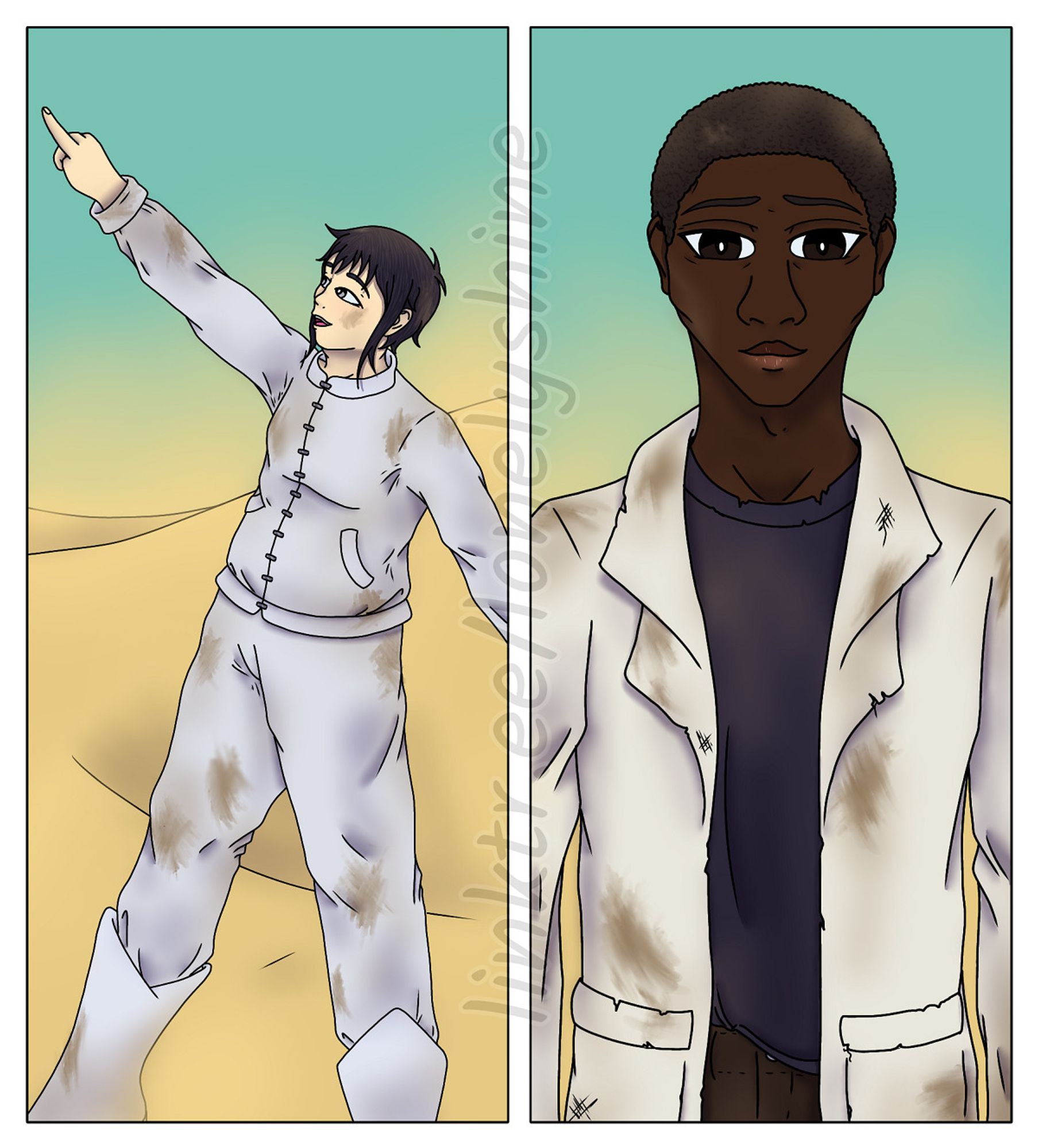 The second panel of a digital comic, framed and divided vertically in half. The left side shows Ebis standing in sand dunes looking and pointing up at the sky with a big smile. The right half shows a front view of Marcus loking forwards with a loving smile. Marcus is a tall man with black skin, short dark brown hair, and dark brown eyes, who wears dark clothes and a white lab coat. All his clothes are dirty and worn out.