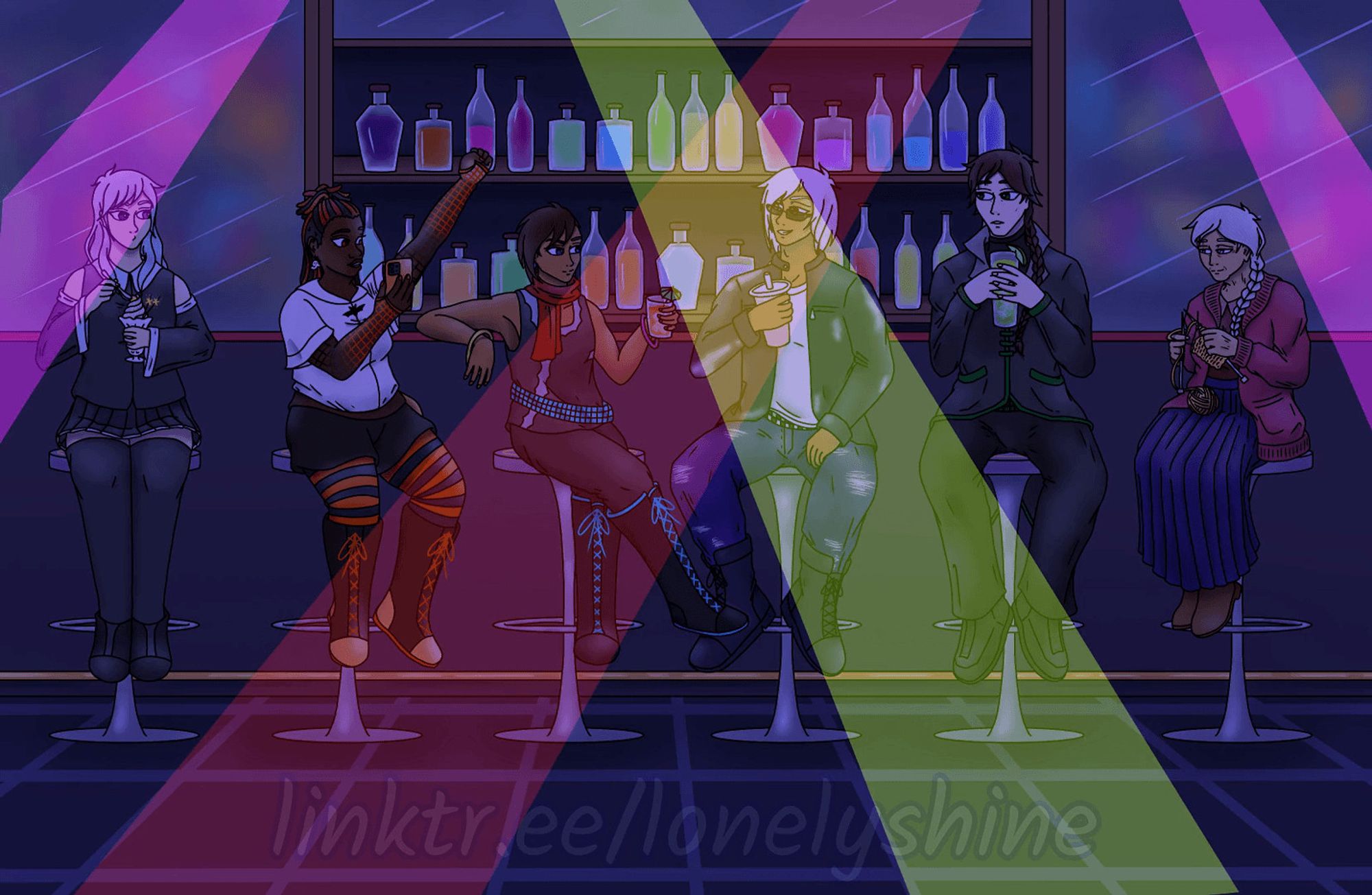 A digital drawing (if GIFs are supported  this should show with minimal lighting animation) showing six Pokemon Reborn trainers (Nyalu, Inas, Demi, Desh, Elethad, and Nana) hanging out at Arc's Nightclub. They sit at the bar, with their backs to it and 'facing' the viewer, they're having drinks and chatting with each other. The Nightclub's lighting switches between red, pink, blue, and green in colour, both in general lighting and moving spotlights.