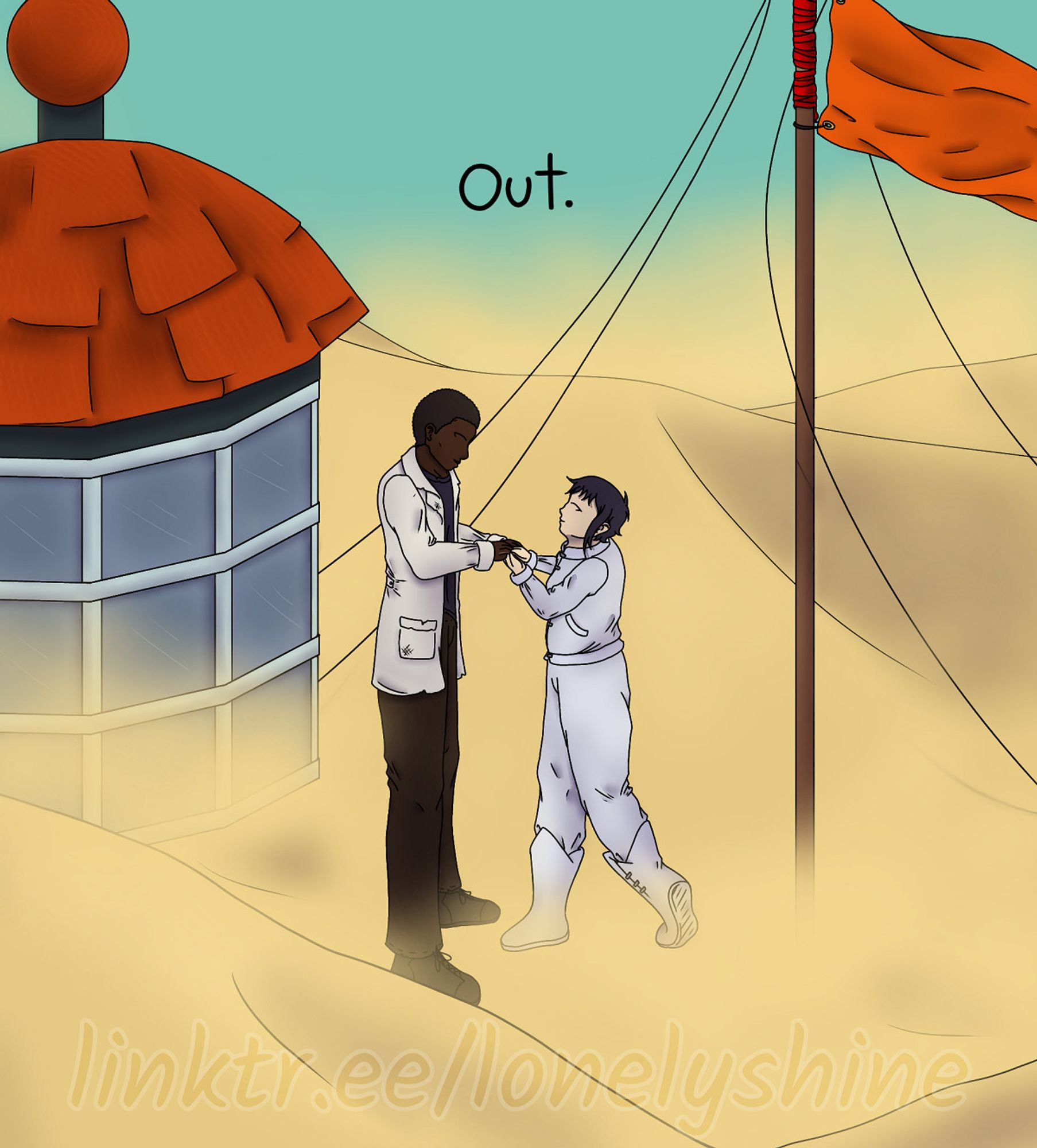 The third panel of a digital comic, not framed or divided. It zooms out to show Ebis and Marcus stnding in a desert, holding hands and smiling at each other in the middle of the frame. The very top of a buried lighthouse can be seen at their left, and a pole flying a bright orange flag at their right. Above them, in the sky, a single word has been written: "Out."